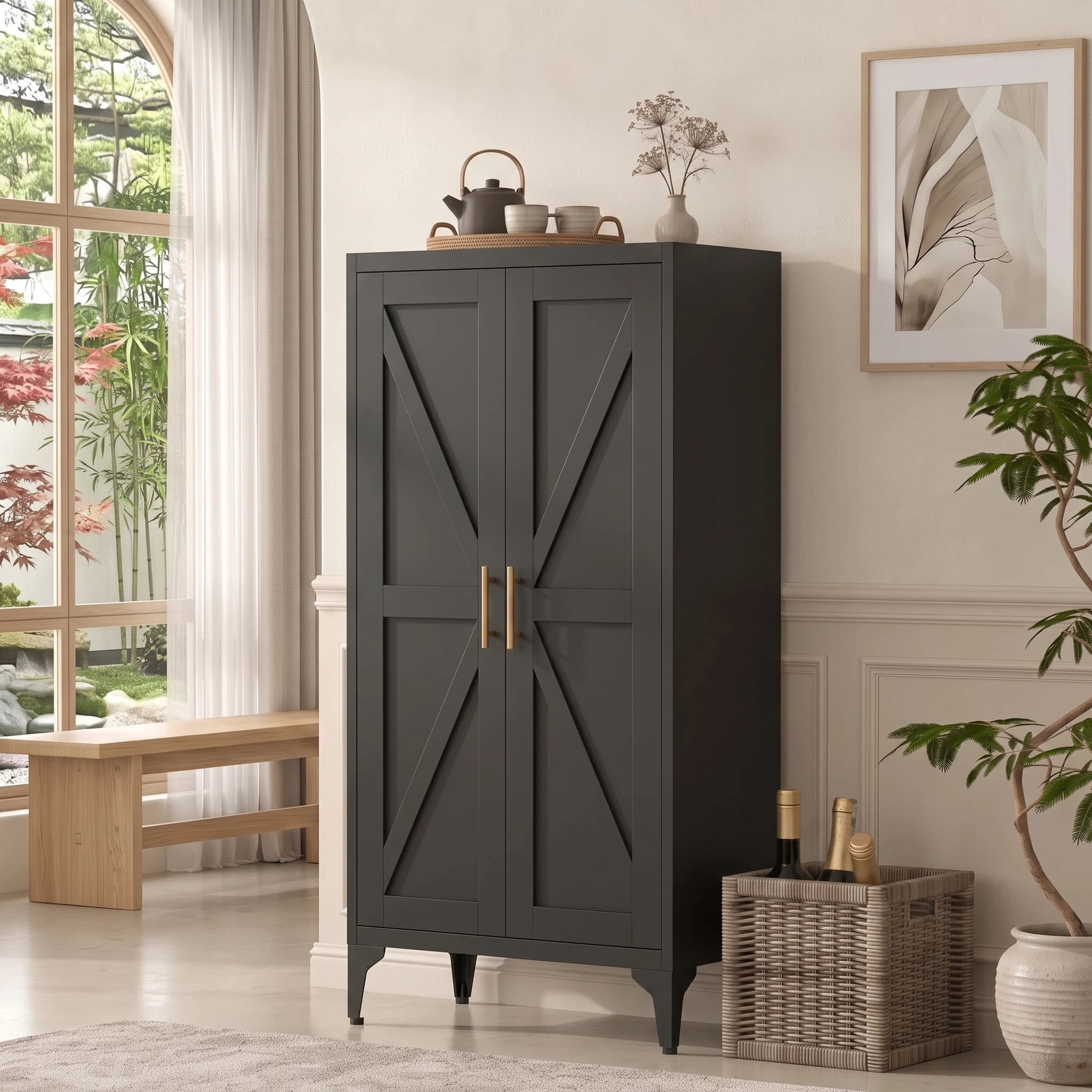 AISWORD 47 Inch Metal Kitchen Pantry Cabinet, Freestanding Storage Cupboard with 3 Adjustable Shelves, 4-Tier Tall Storage Cabinet for Kitchen Bathroom Laundry Garage, Black