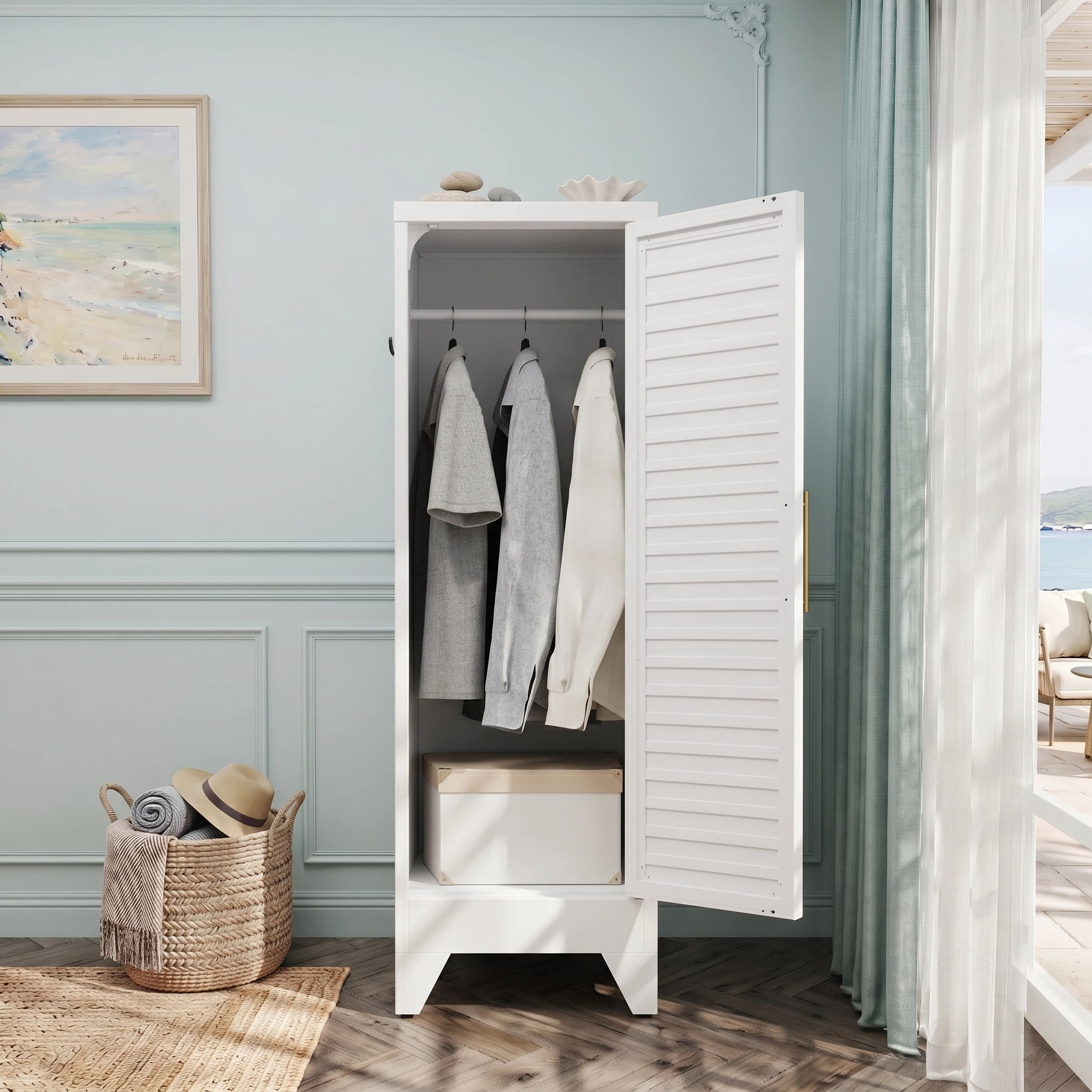 AISWORD 47" Tall Metal Armoire Wardrobe with Louvered Doors & Hanging Rod, Bedroom Storage Cabinet, White