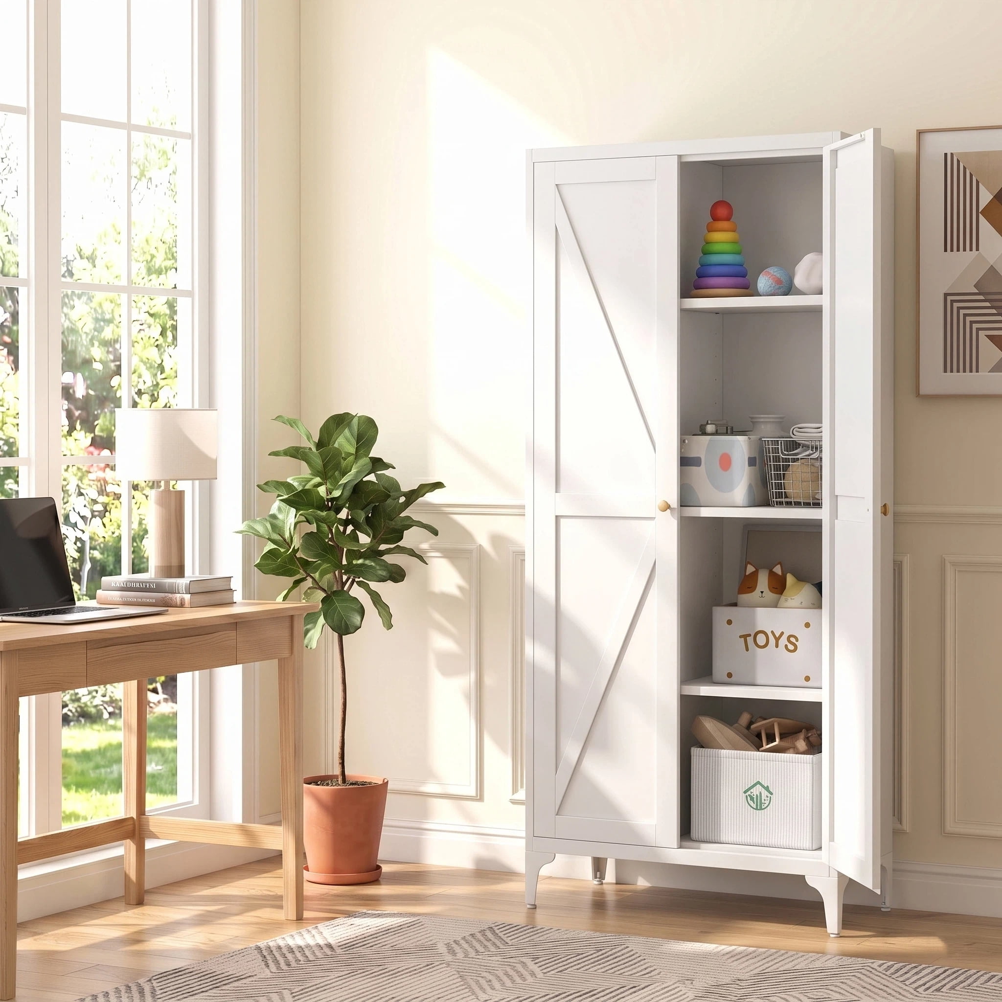 AISWORD 61 Inch Metal Kitchen Pantry Cabinet, Freestanding Storage Cupboard with 3 Adjustable Shelves, 4-Tier Tall Storage Cabinet for Kitchen Bathroom Laundry Garage, White