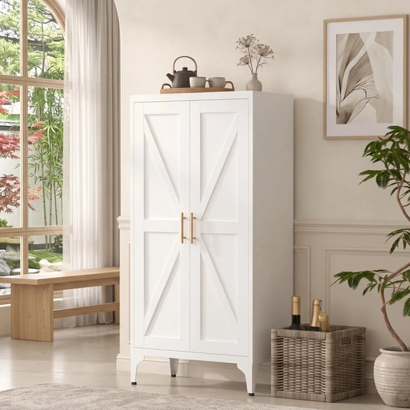 AISWORD 47 Inch Metal Kitchen Pantry Cabinet, Freestanding Storage Cupboard with 3 Adjustable Shelves, 4-Tier Tall Storage Cabinet for Kitchen Bathroom Laundry Garage, White