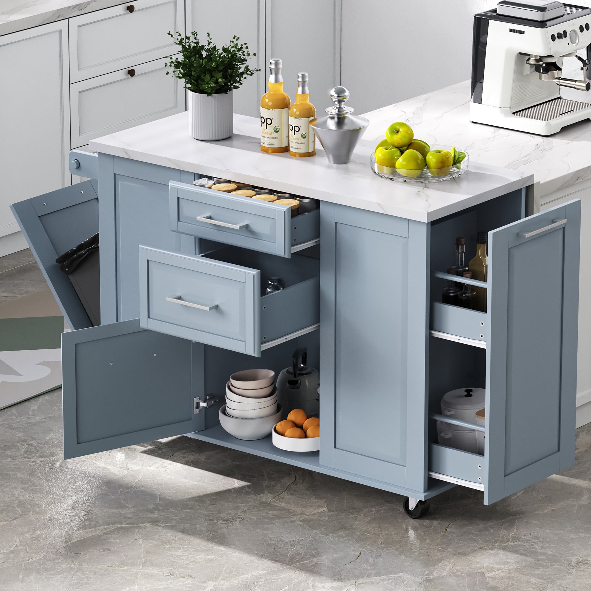 AISWORD 50.7" Kitchen Island with Trash Can Storage Cabinet, Rolling Kitchen Cart on Wheels with Faux Marble Top Drop Leaf, Spice Rack, Towel Rack and Adjustable Shelf, Blue