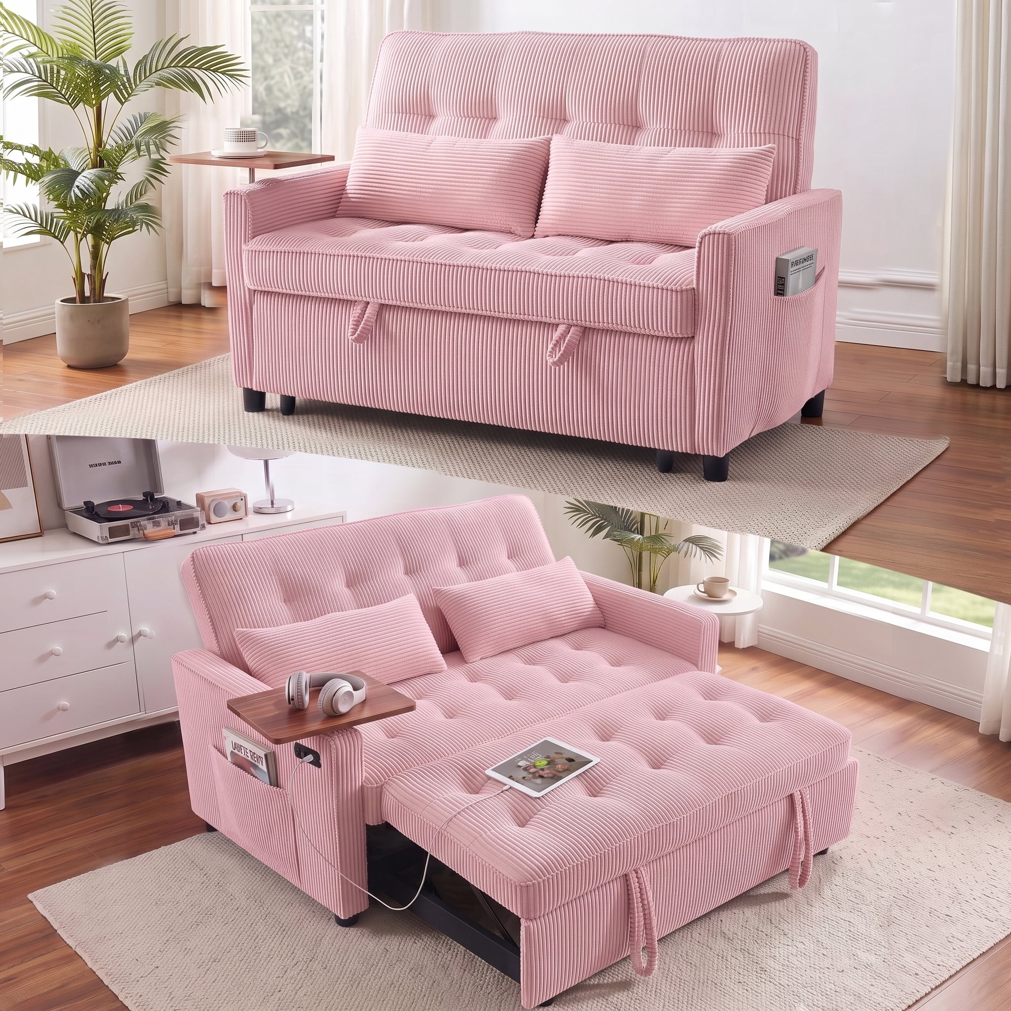 AISWORD 55" 3-in-1 Convertible Sleeper Sofa Bed, Pull Out Loveseat Couch with Side Tray Table & USB Charging Port, Adjustable Backrest Sofa for Apartment, Bedroom, Office, Pink
