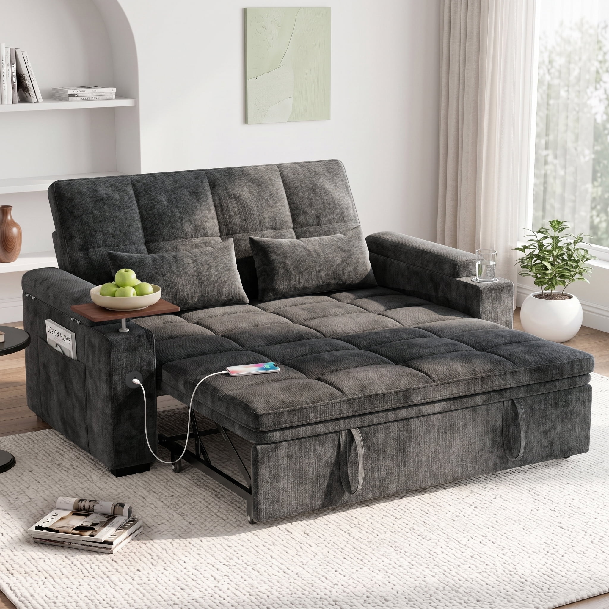 AISWORD 65" 3‑in‑1 Pull‑Out Sleeper Sofa Bed, Chenille Convertible Loveseat with USB Port, Rotating Side Table, Cup Holders for Small Spaces, Dark Gray