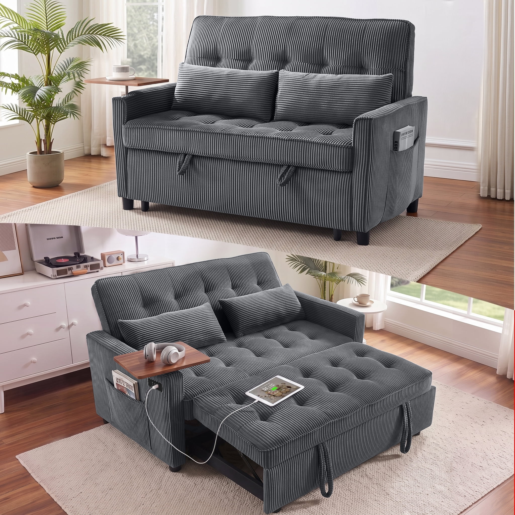 AISWORD 55" 3-in-1 Convertible Sleeper Sofa Bed, Pull Out Loveseat Couch with Side Tray Table & USB Charging Port, Adjustable Backrest Sofa for Apartment, Bedroom, Office, Dark Gray