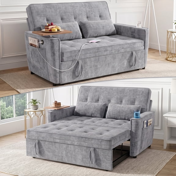 AISWORD 54" Convertible Pull Out Sleeper Sofa Bed, Chenille Loveseat Couch with USB Port, Side Tray Table, Cup Holder, Storage Pockets & Adjustable Backrest for Small Spaces, Light Gray