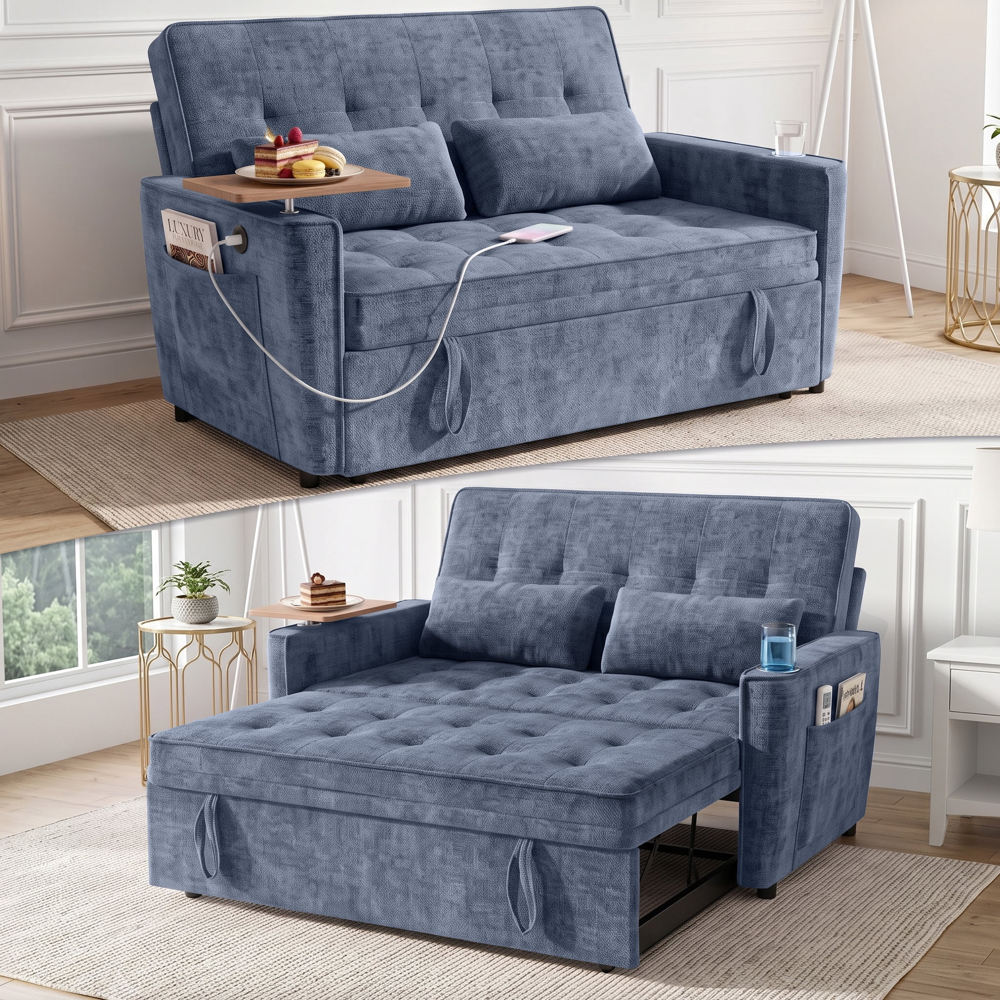 AISWORD 54" Convertible Pull Out Sleeper Sofa Bed, Chenille Loveseat Couch with USB Port, Side Tray Table, Cup Holder, Storage Pockets & Adjustable Backrest for Small Spaces, Blue