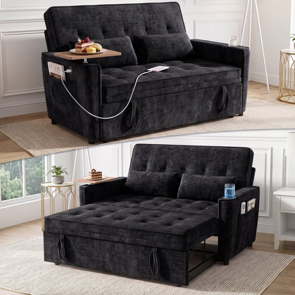 AISWORD 54" Convertible Pull Out Sleeper Sofa Bed, Chenille Loveseat Couch with USB Port, Side Tray Table, Cup Holder, Storage Pockets & Adjustable Backrest for Small Spaces, Black