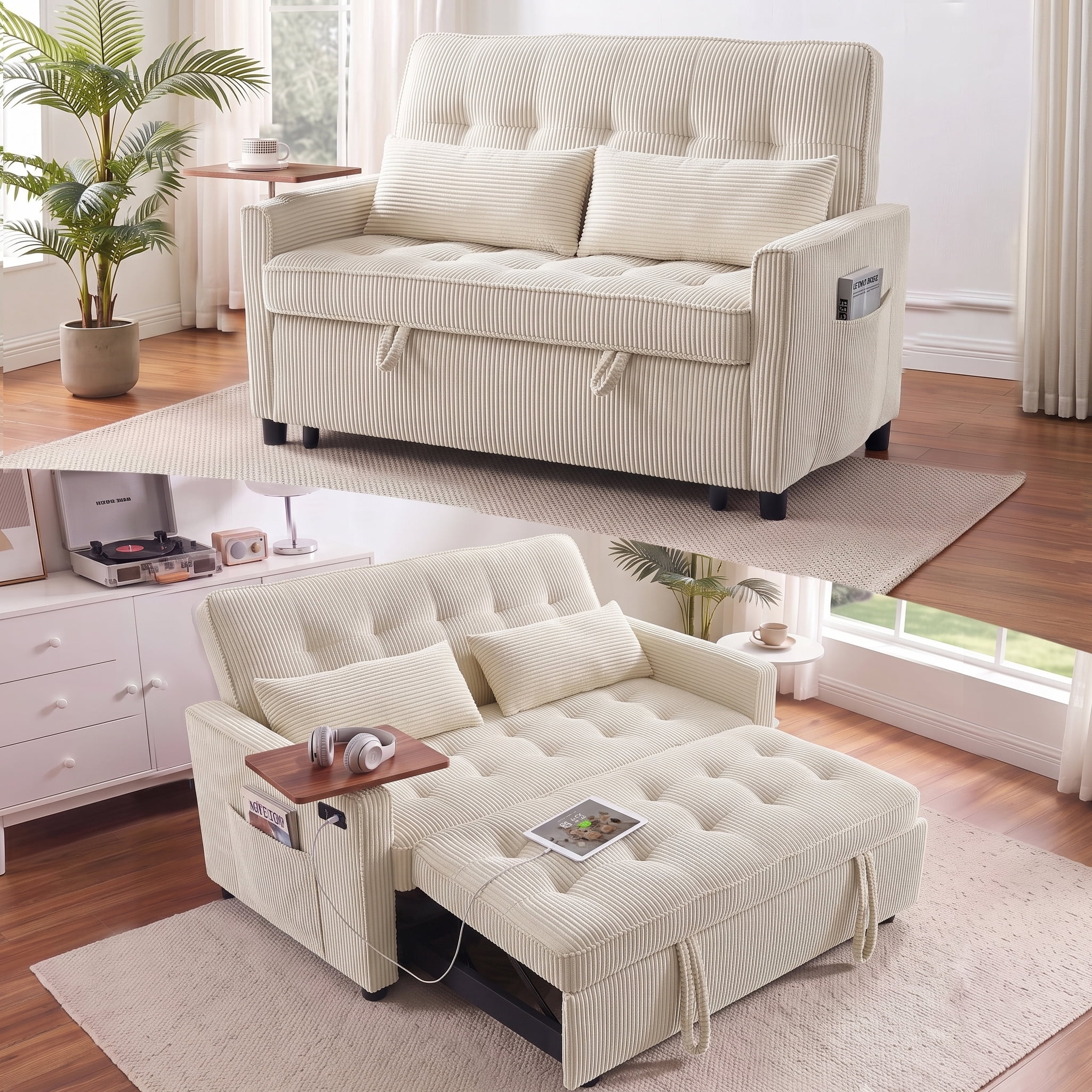 AISWORD 55" 3-in-1 Convertible Sleeper Sofa Bed, Pull Out Loveseat Couch with Side Tray Table & USB Charging Port, Adjustable Backrest Sofa for Apartment, Bedroom, Office, Beige