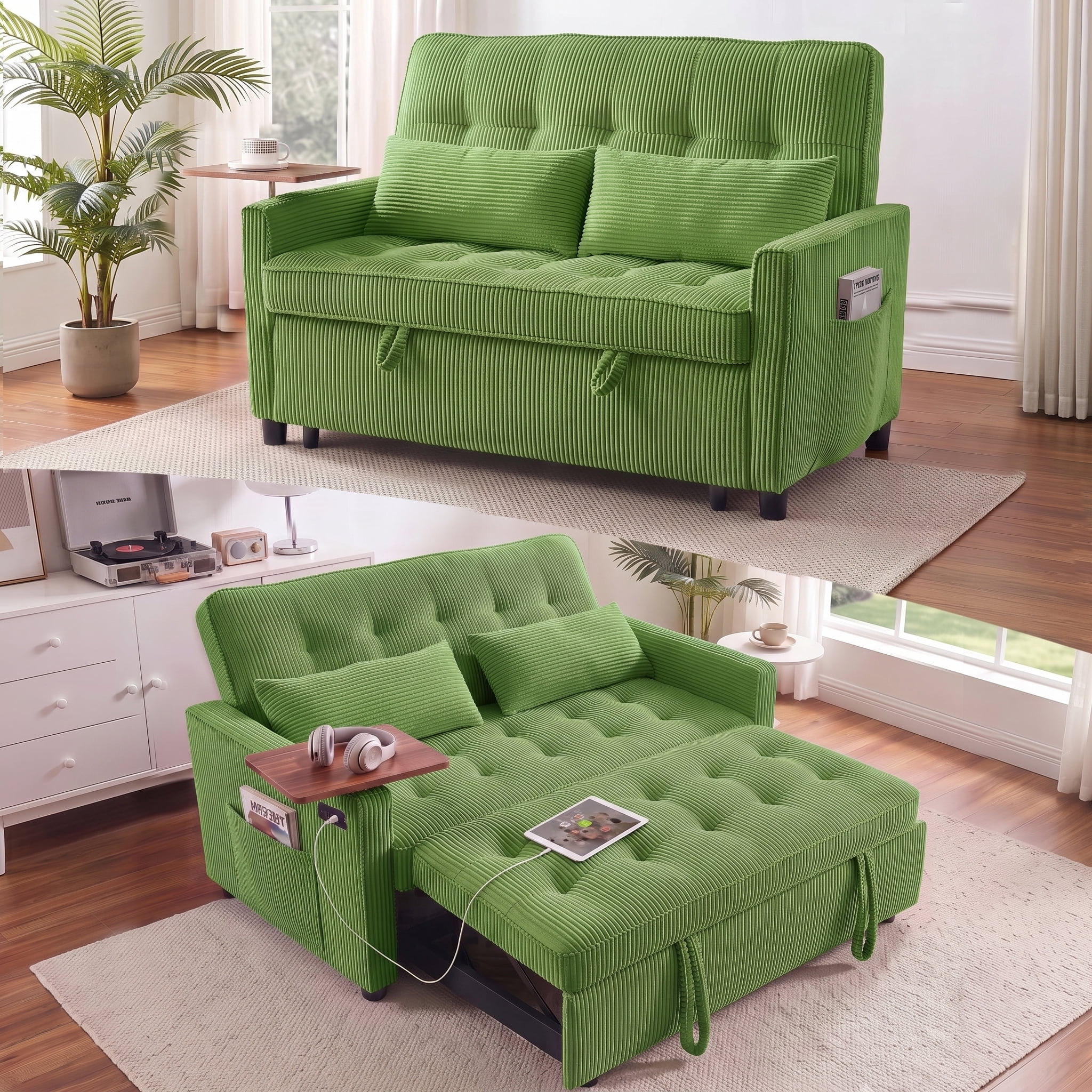 AISWORD 55" 3-in-1 Convertible Sleeper Sofa Bed, Pull Out Loveseat Couch with Side Tray Table & USB Charging Port, Adjustable Backrest Sofa for Apartment, Bedroom, Office, Green