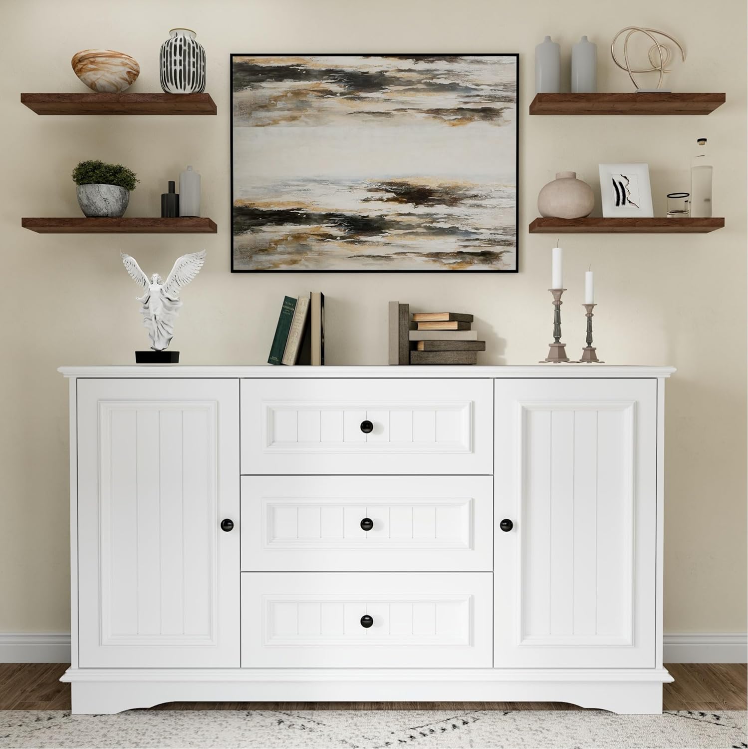 AISWORD 55" Farmhouse Sideboard Buffet White Accent Storage with 2 Doors & 3