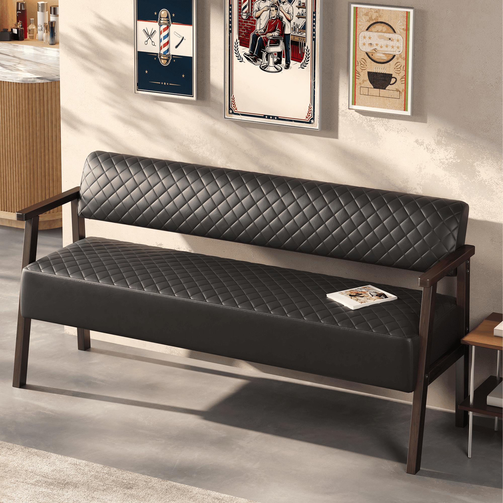 AISWORD 58.27" PU Faux Leather Upholstered Bench with Backrest,Diamond Quilted Entryway Bench with Wood Arms for Living Room,Office & Salon Waiting Room,Black