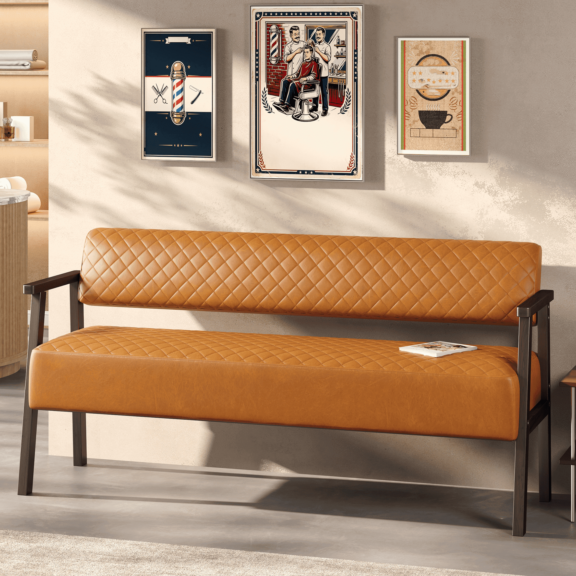AISWORD 58.27" PU Faux Leather Upholstered Bench with Backrest,Diamond Quilted Entryway Bench with Wood Arms for Living Room,Office & Salon Waiting Room