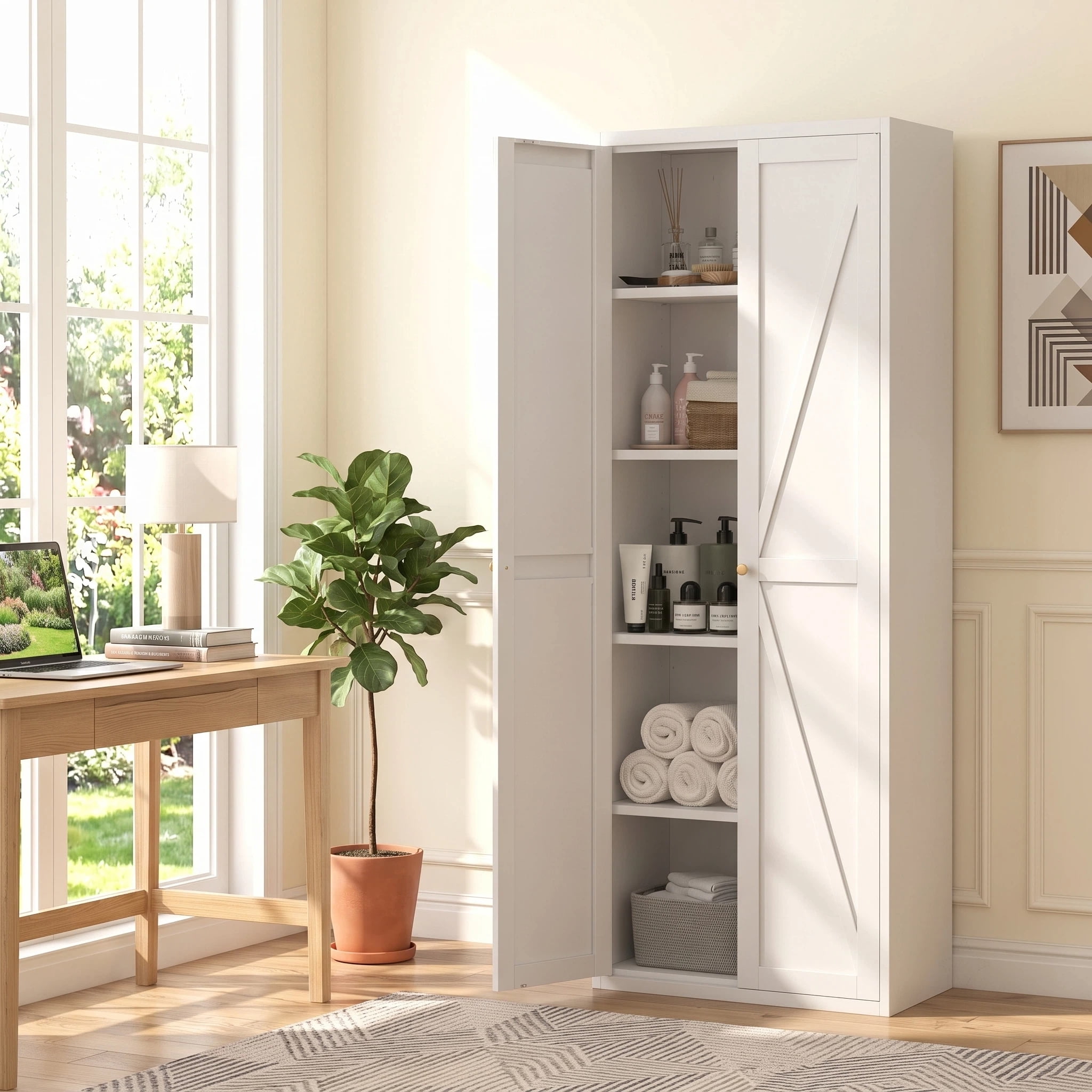 AISWORD 71 Inch Metal Kitchen Pantry Cabinet, Freestanding Storage Cupboard with 4 Adjustable Shelves, 5-Tier Tall Storage Cabinet for Kitchen Bathroom Laundry Garage, White