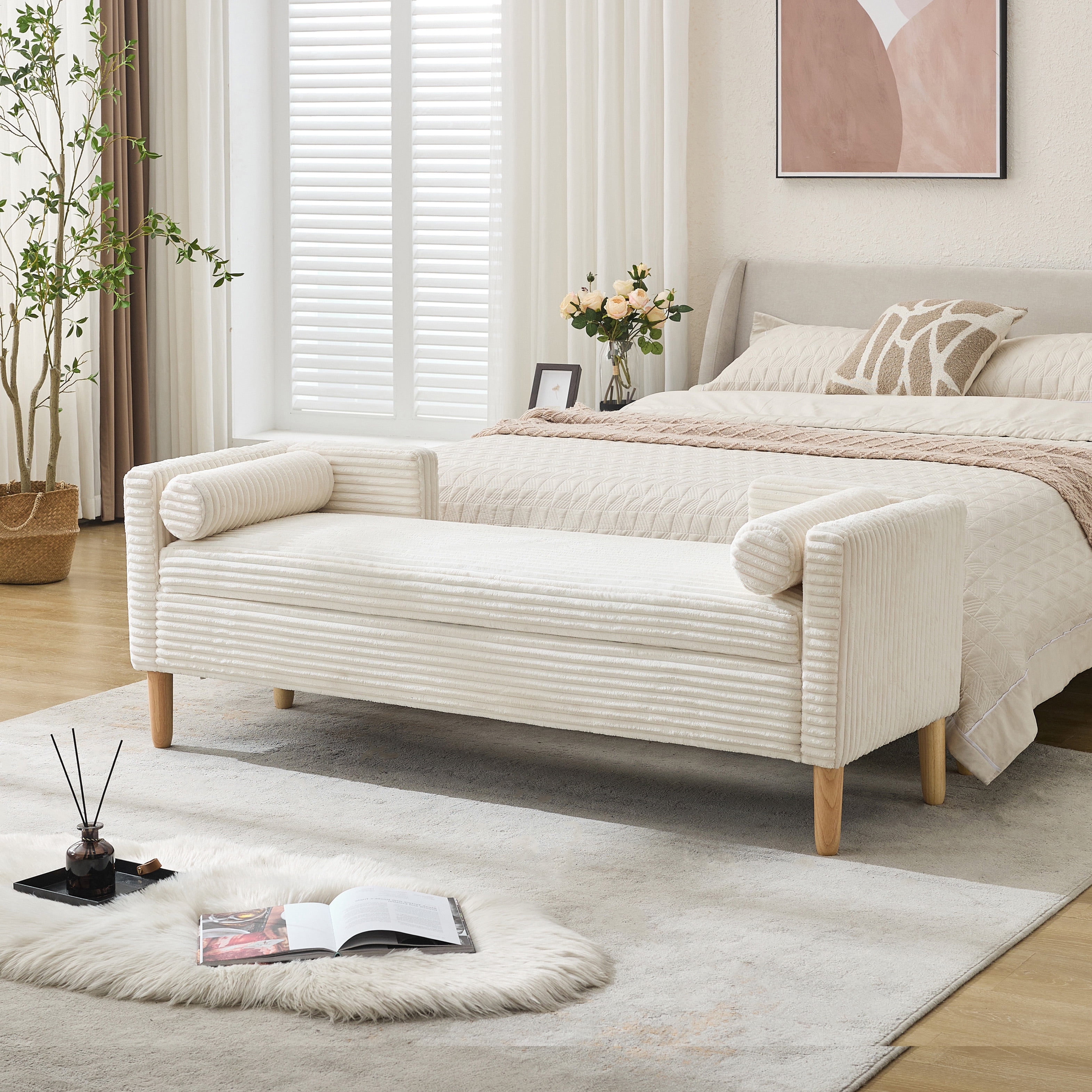 AISWORD 64.7"W Corduroy Storage Bench with Armrests & Backrest,Flip-Top Entryway End of Bed Bench, 2 Bolsters, 350 lbs Capacity, Rubberwood Legs, for Living Room,Bedroom,Hallway,Ivory
