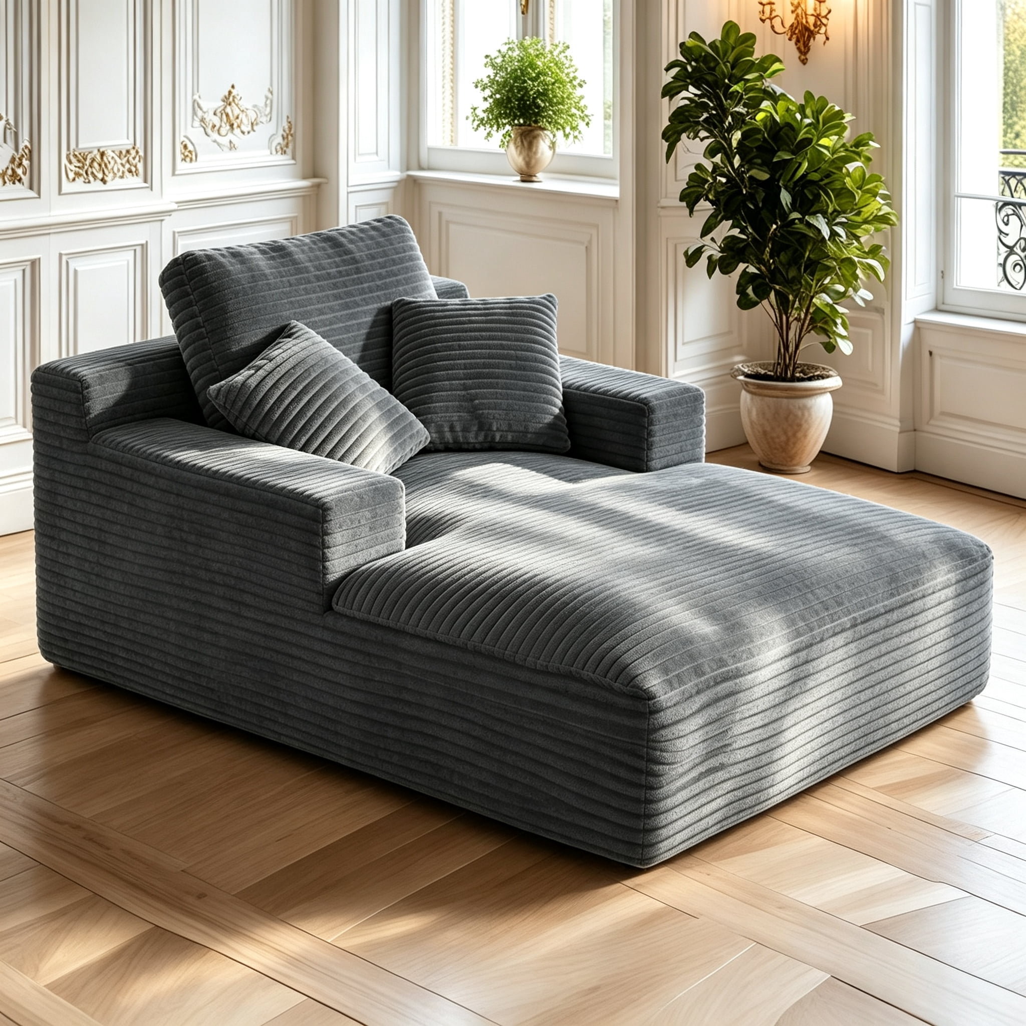 AISWORD 68.5'' Oversized Chaise Lounge Chair Indoor Corduroy Cloud Floor Sofa Bed No Assembly Required Deep Seat Boneless Couch with Pillows, Dark Gray