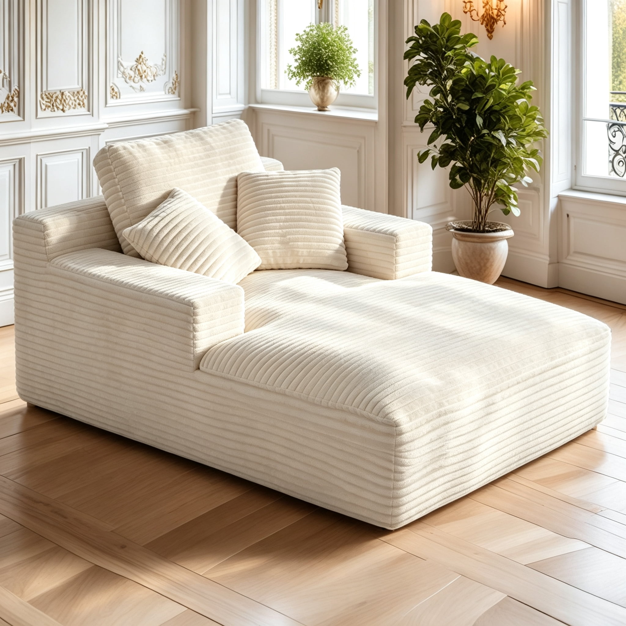 AISWORD 68.5'' Oversized Chaise Lounge Chair Indoor Corduroy Cloud Floor Sofa Bed No Assembly Required Deep Seat Boneless Couch with Pillows, Beige