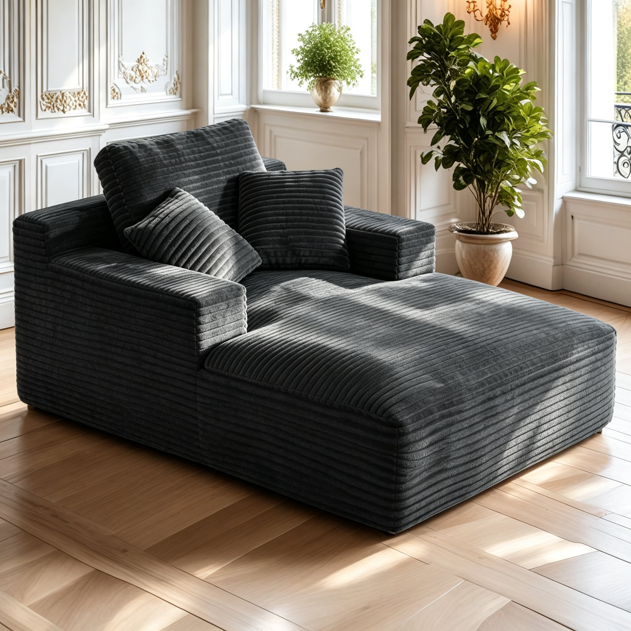 AISWORD 68.5'' Oversized Chaise Lounge Chair Indoor Corduroy Cloud Floor Sofa Bed No Assembly Required Deep Seat Boneless Couch with Pillows, Black