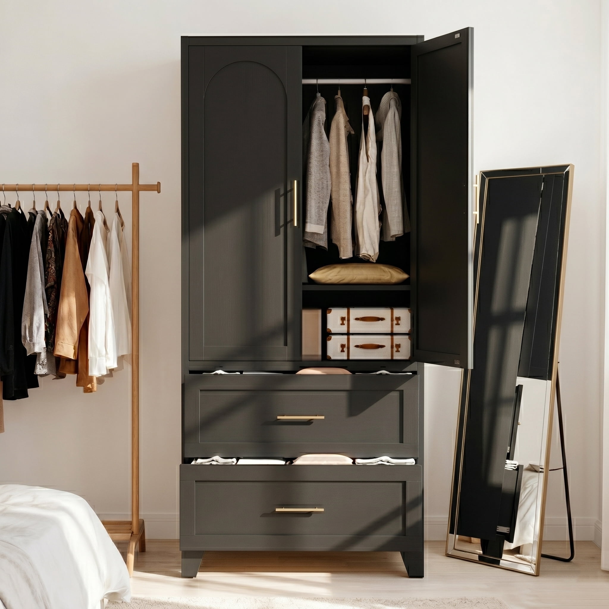 AISWORD 71" Tall Metal Wardrobe Cabinet with 2 Drawer and Hanging Rod, 2 Doors Closet with Adjustable Shelf, Black