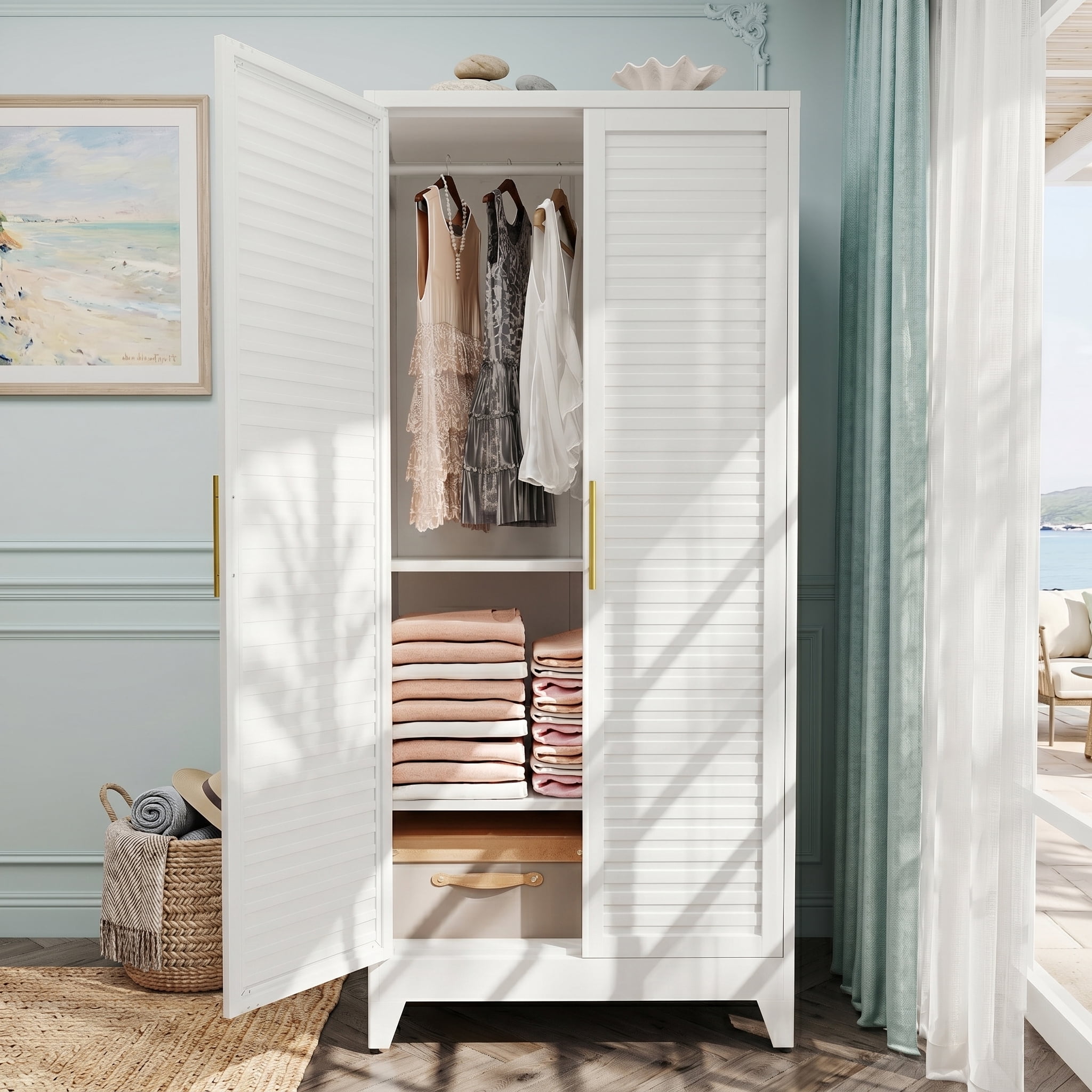AISWORD 70" Tall Metal Wardrobe Closet with Shutter Doors, Hanging Rod & Adjustable Shelves, Steel Clothing Storage Cabinet for Bedroom, White