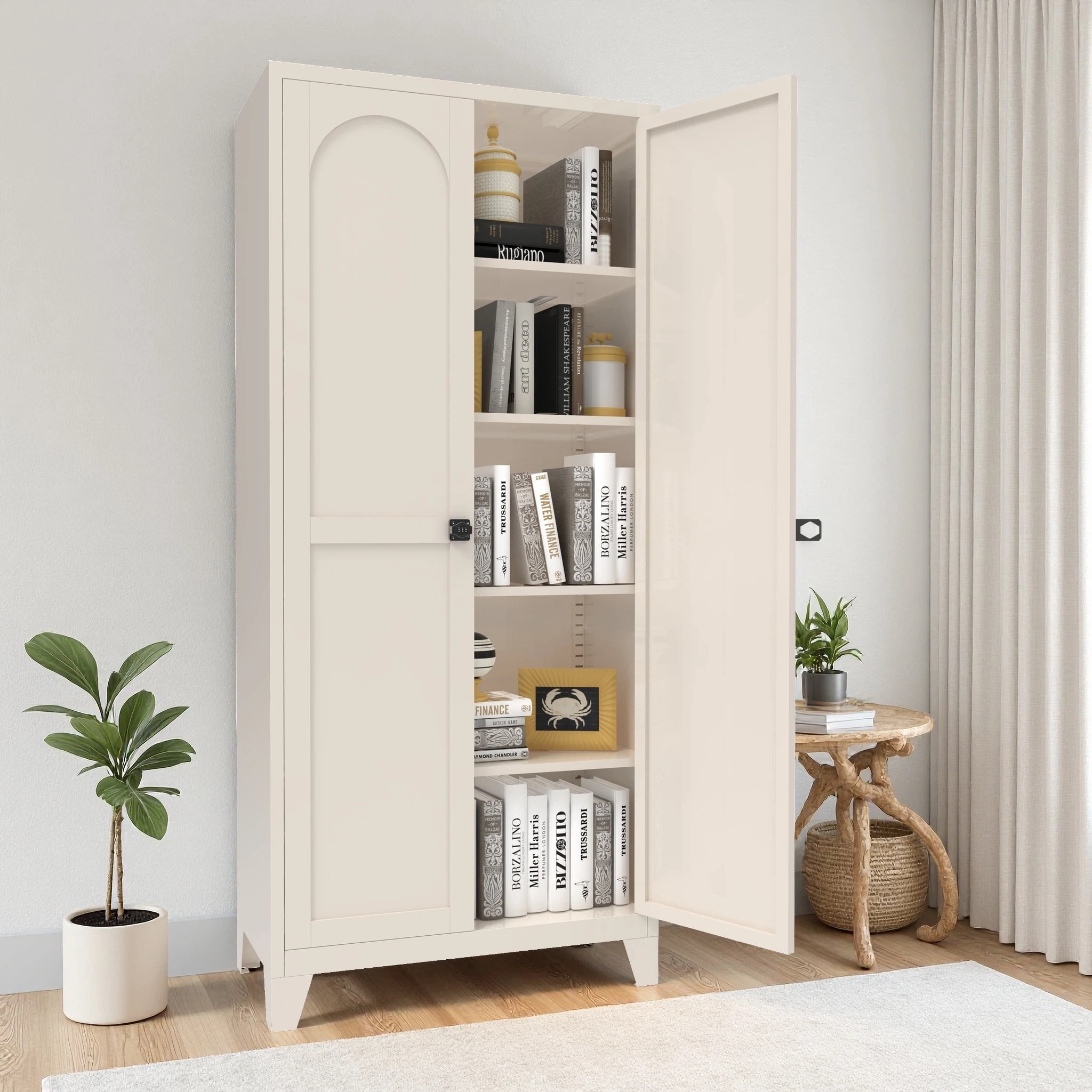 AISWORD 71" Tall Metal Storage Cabinet with Adjustable Shelves, Lockable 2 Doors Steel Cabinet for Office, Garage, Utility Room, Kitchen Storage, Cream