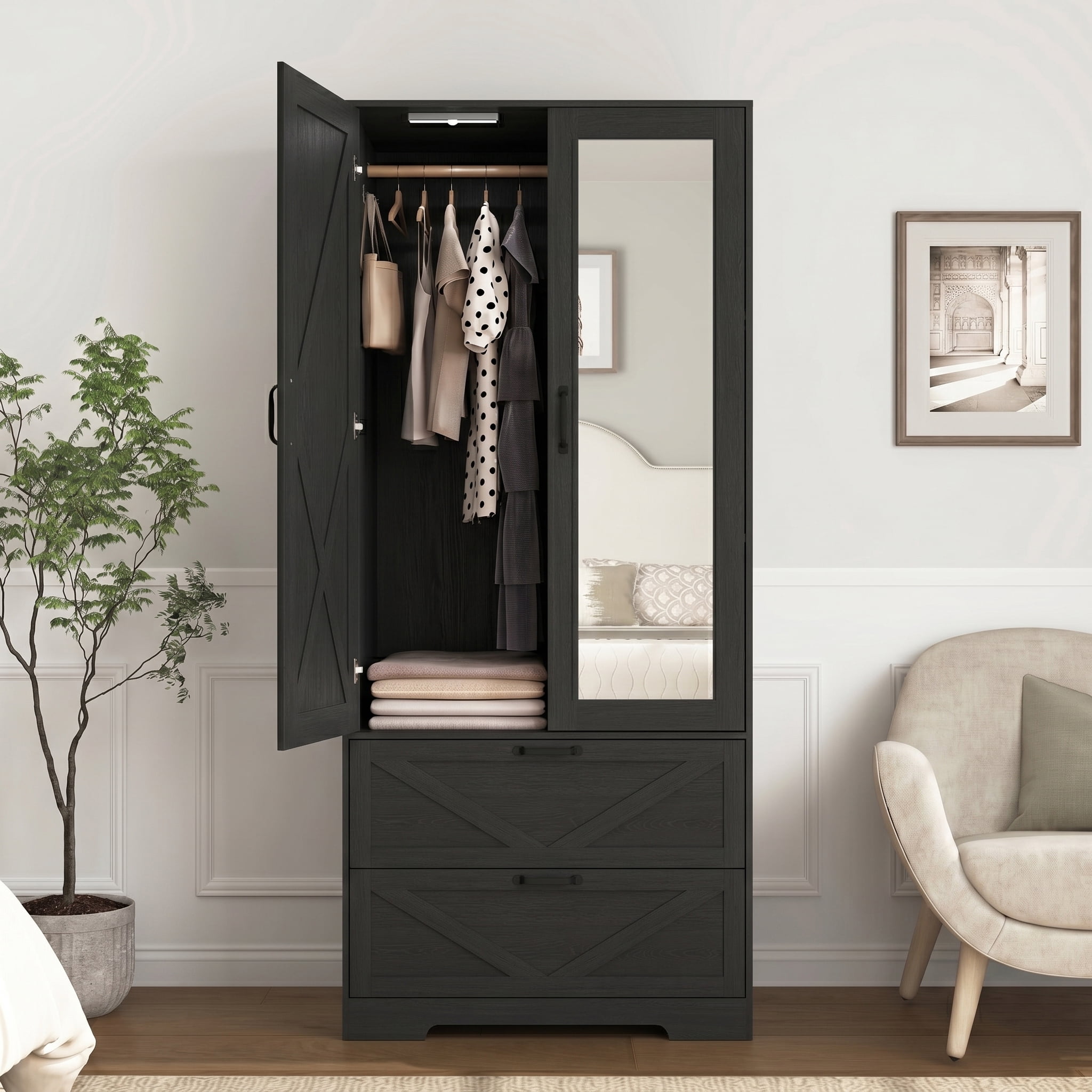 AISWORD 72" Tall Wooden Armoire Closet with Mirror Door, LED Lights, Drawers, Adjustable Shelves & Hanging Rod, Farmhouse Bedroom Storage, Black