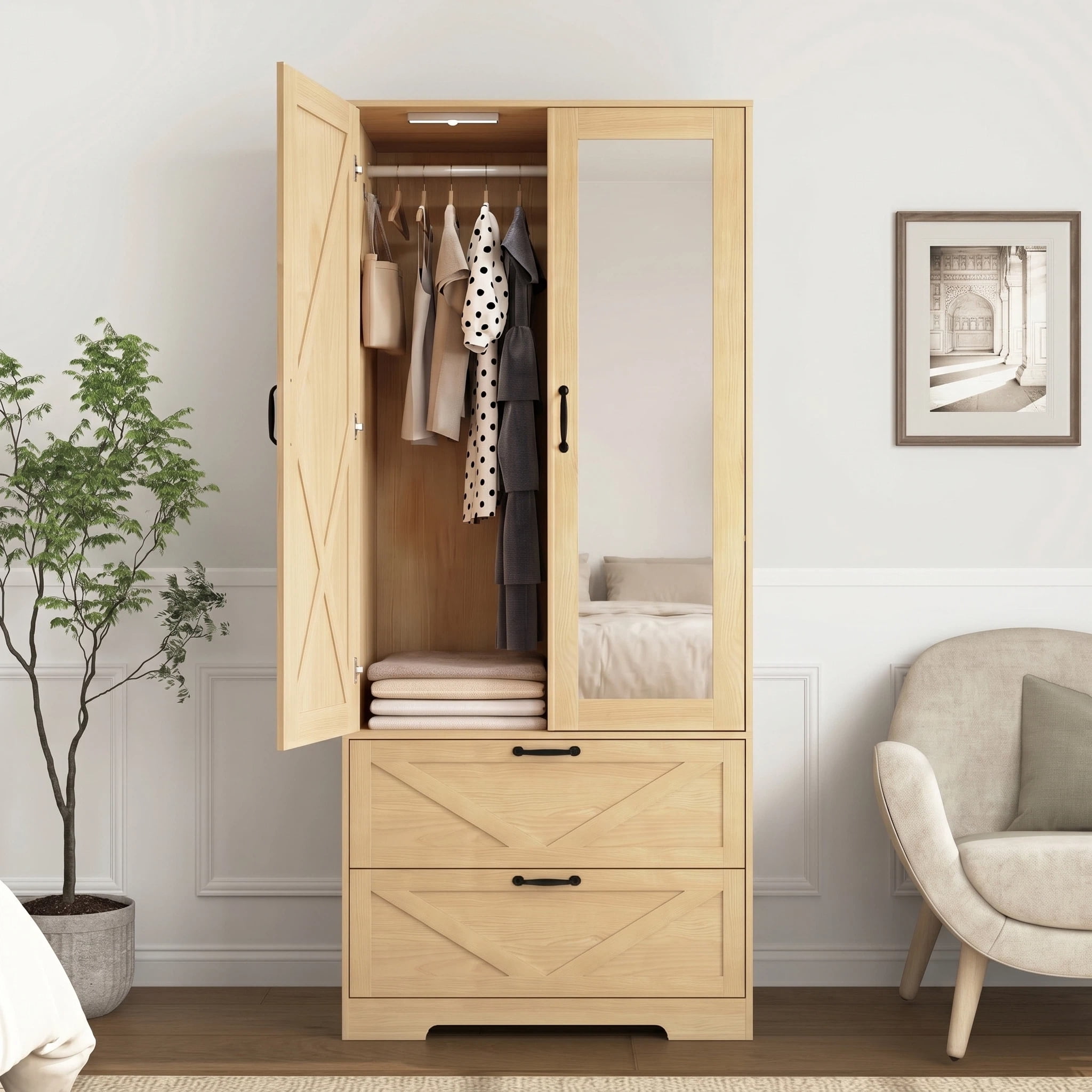 AISWORD 72" Tall Wooden Armoire Closet with Mirror Door, LED Lights, Drawers, Adjustable Shelves & Hanging Rod, Farmhouse Bedroom Storage, Natural