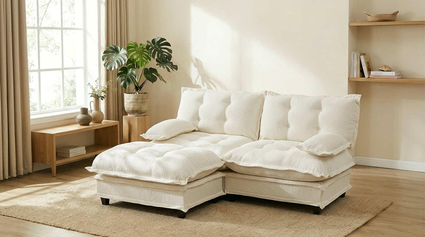 AISWORD 77" L-Shaped Modular Sectional Cloud Sofa with Ottoman, Chenille Fabric Deep Seat Couch with Lattice Decored Cushions