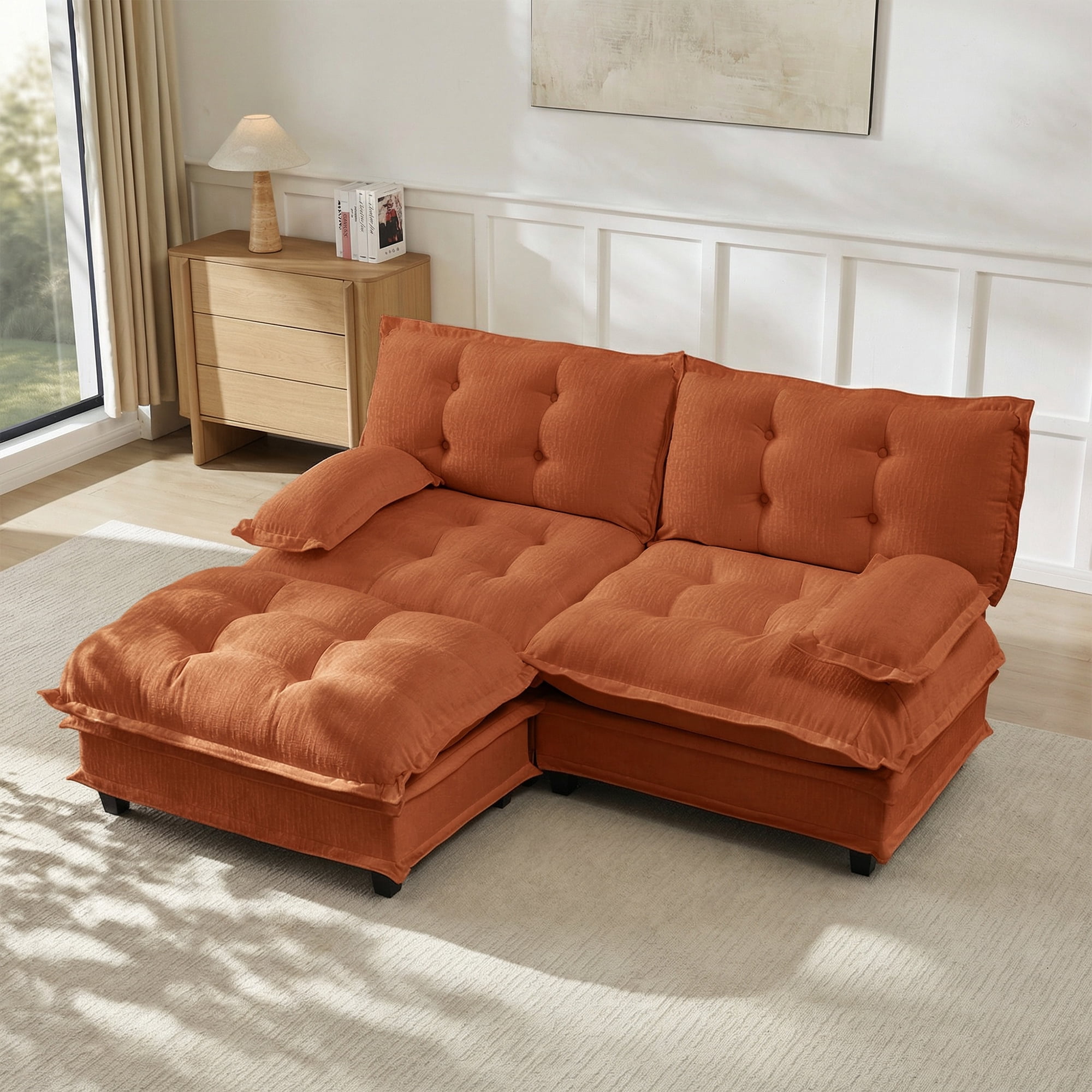 AISWORD 77" L-Shaped Modular Sectional Cloud Sofa with Ottoman, Chenille Fabric Deep Seat Couch with Lattice Decored Cushions
