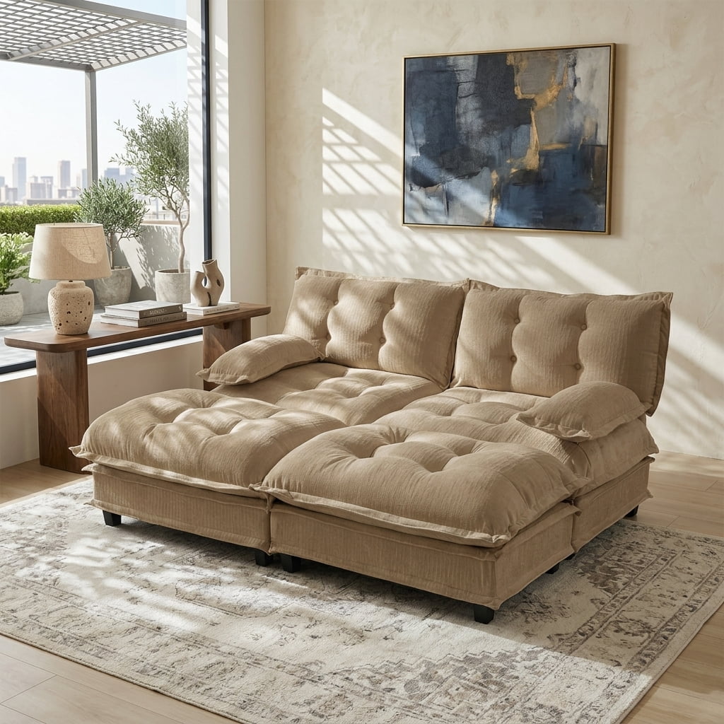 AISWORD 77" Sleeper Modular Sectional Cloud Sofa with 2 Ottomans, Chenille Fabric Deep Seat Couch with Lattice Decored Cushions