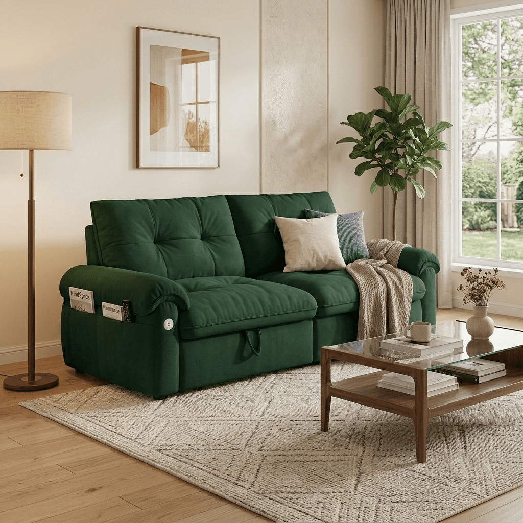AISWORD 77"W Convertible Sleeper Sofa Bed,Velvet Pull-Out Loveseat Sofa Couch with USB Charging Port & Side Pockets,Modern Living Room Furniture for Small Spaces,Green