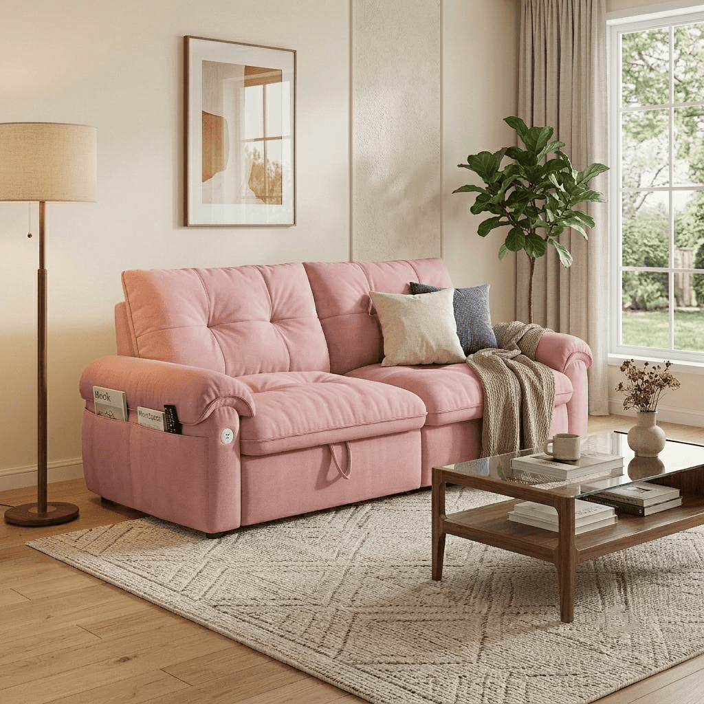 AISWORD 77"W Convertible Sleeper Sofa Bed,Velvet Pull-Out Loveseat Sofa Couch with USB Charging Port & Side Pockets,Modern Living Room Furniture for Small Spaces,Pink