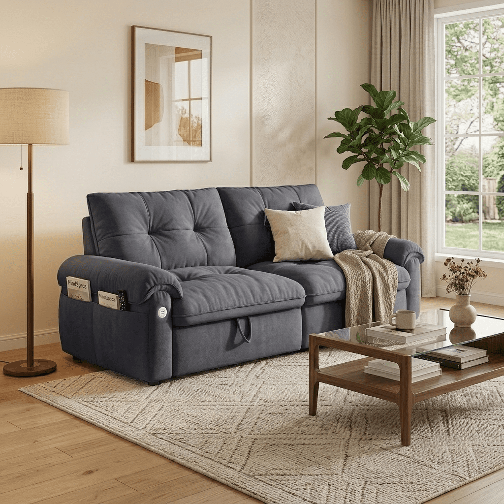 AISWORD 77"W Convertible Sleeper Sofa Bed,Velvet Pull-Out Loveseat Sofa Couch with USB Charging Port & Side Pockets,Modern Living Room Furniture for Small Spaces,Grey