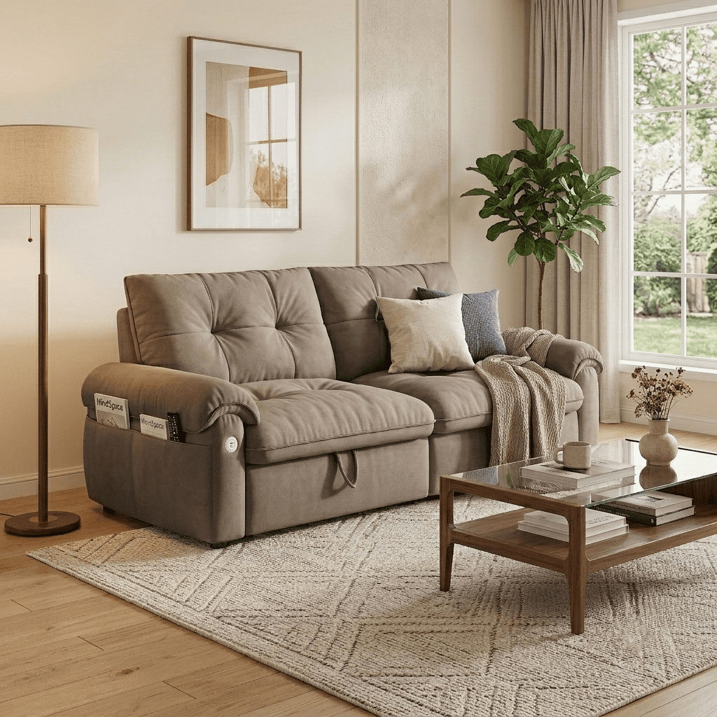 AISWORD 77"W Convertible Sleeper Sofa Bed,Velvet Pull-Out Loveseat Sofa Couch with USB Charging Port & Side Pockets,Modern Living Room Furniture for Small Spaces,Brown