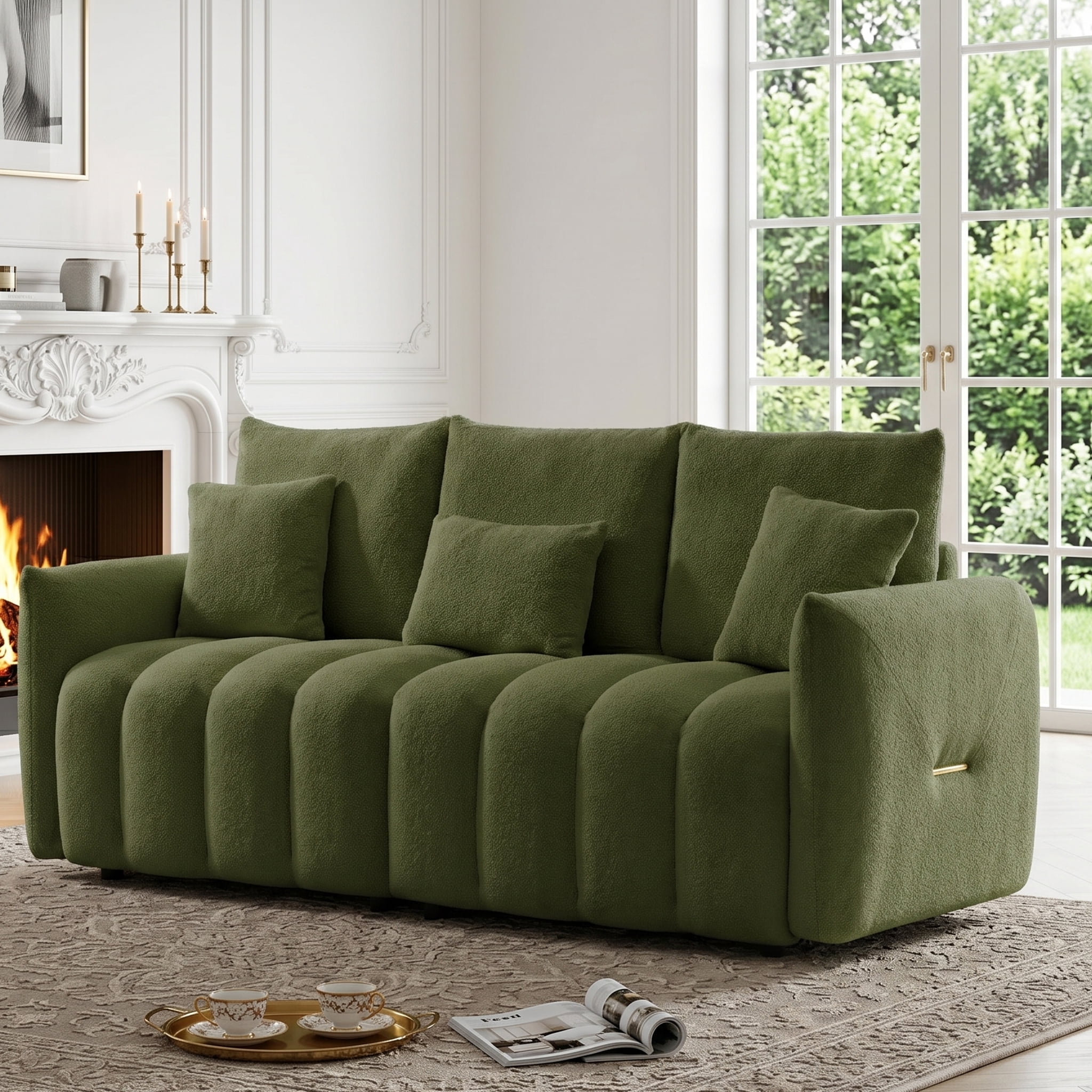 AISWORD Modern Sofa Couch, Comfy Deep Seat Teddy Cloud Sofa, Upholstered 3-Seater Boucle Couch with Pillows, Green