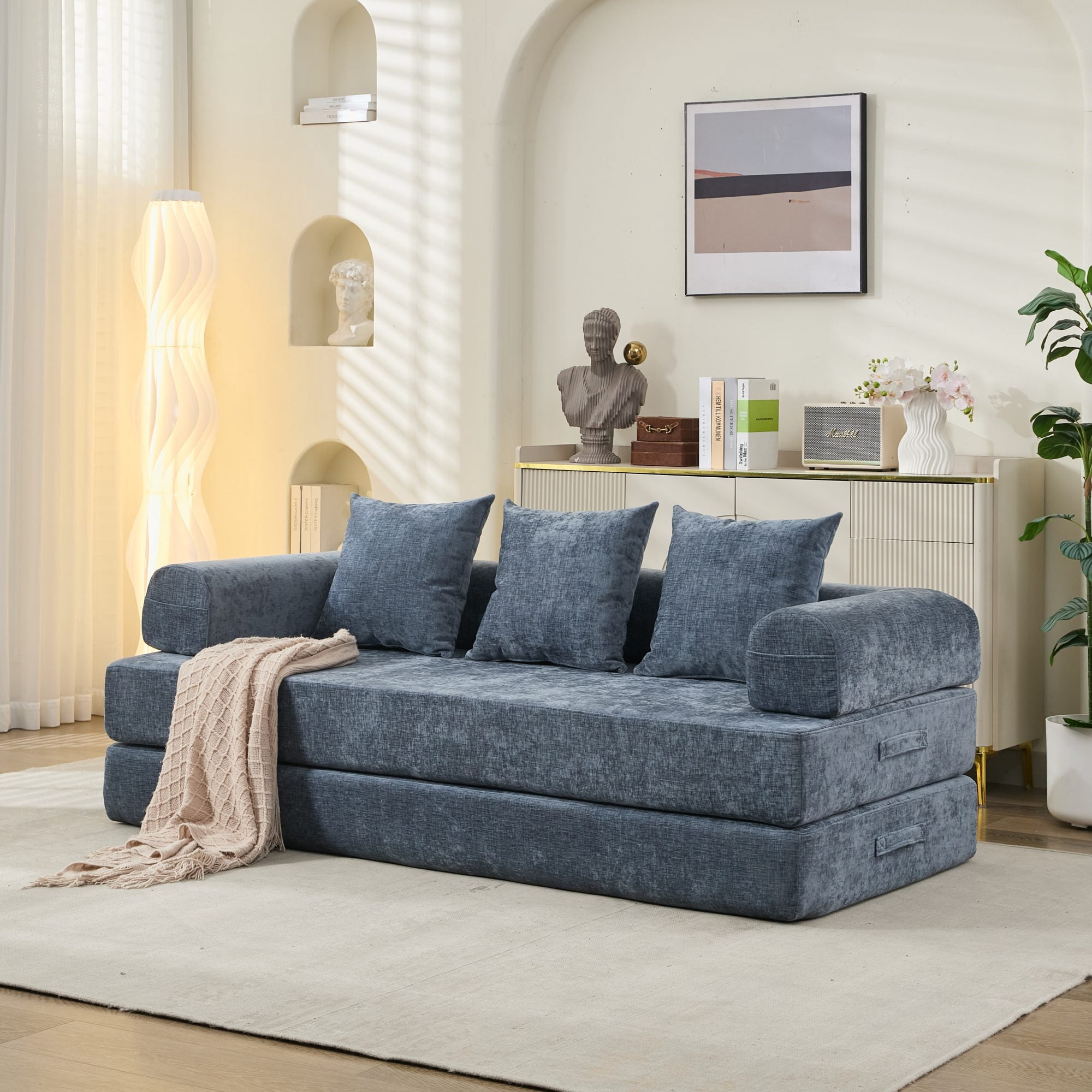 AISWORD 79" Convertible Folding Mattress Couch, 3-in-1 Floor Sofa Bed with Armrests & Pillows, Chenille Fabric Lounge Couch with Spring Pack Support, No Assembly Required