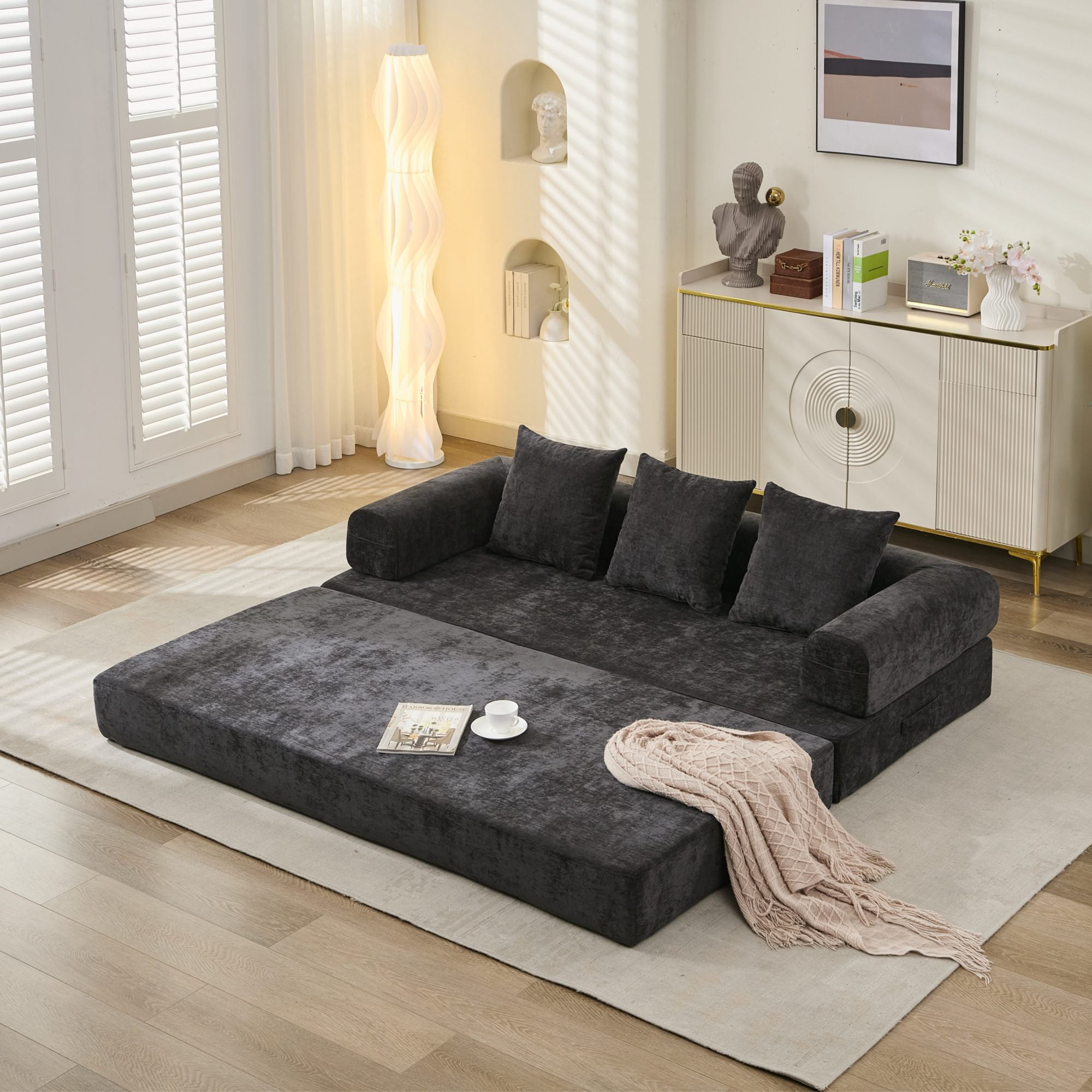AISWORD 79" Convertible Folding Mattress Couch, 3-in-1 Floor Sofa Bed with Armrests & Pillows, Chenille Fabric Lounge Couch with Spring Pack Support, No Assembly Required