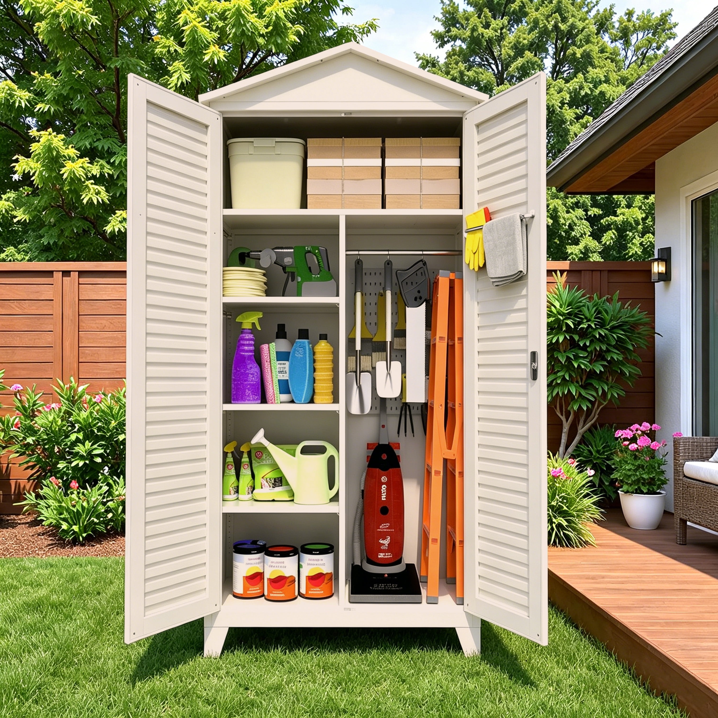 AISWORD 79" Tall Metal Outdoor Storage Cabinet, Heavy-Duty Waterproof Garden Sheds & Outdoor Storage with Lock, Tool Storage Cabinet & Broom Closet for Garage, Patio, Beige