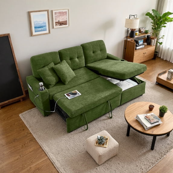 AISWORD 82" 3 in 1 Convertible Sectional Sofa, Small L Shaped Couch with USB Port for Living Room, Towel Fabric, Green