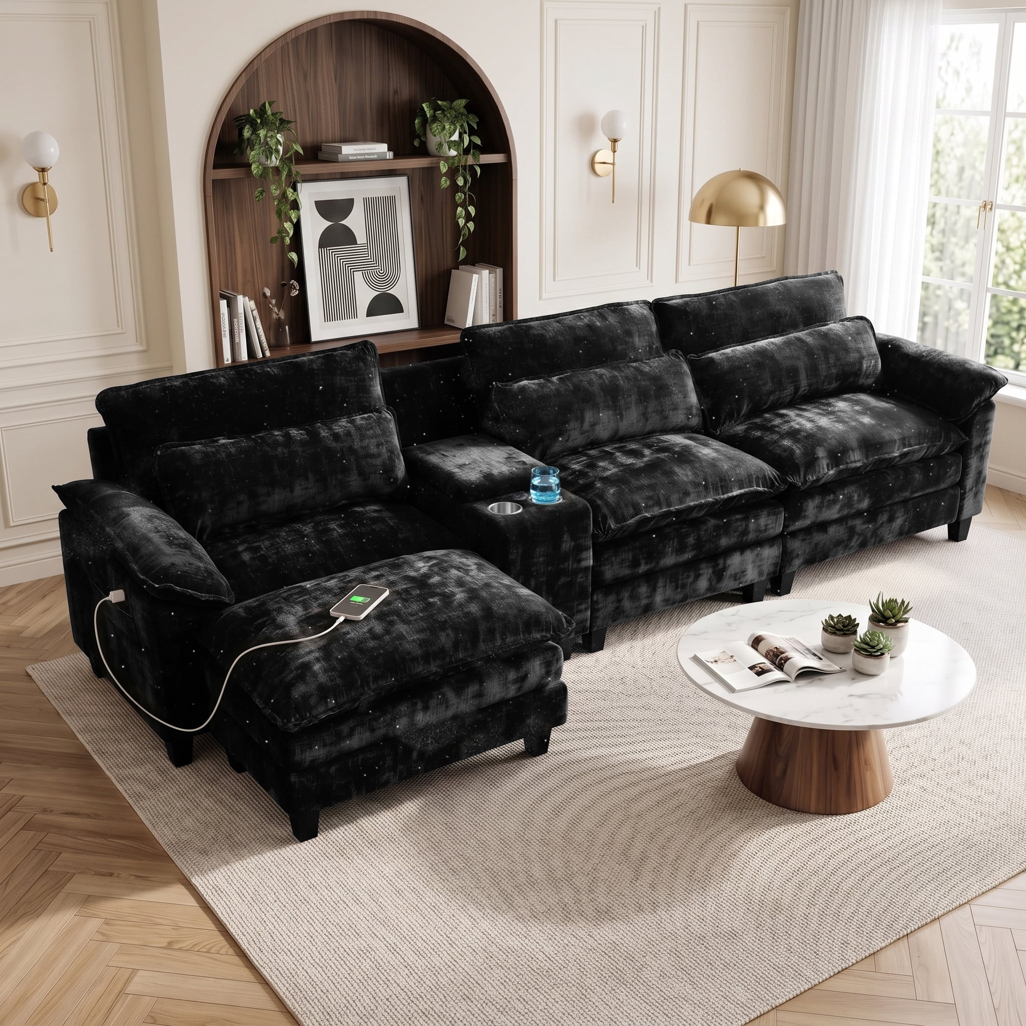 AISWORD 119" Cloud Modular Sectional Couch, L‑Shaped Deep Wide Seat Sofa with Ottoman, USB Charging Port, Throw Pillows, Modern Chenille Living Room Furniture, Black