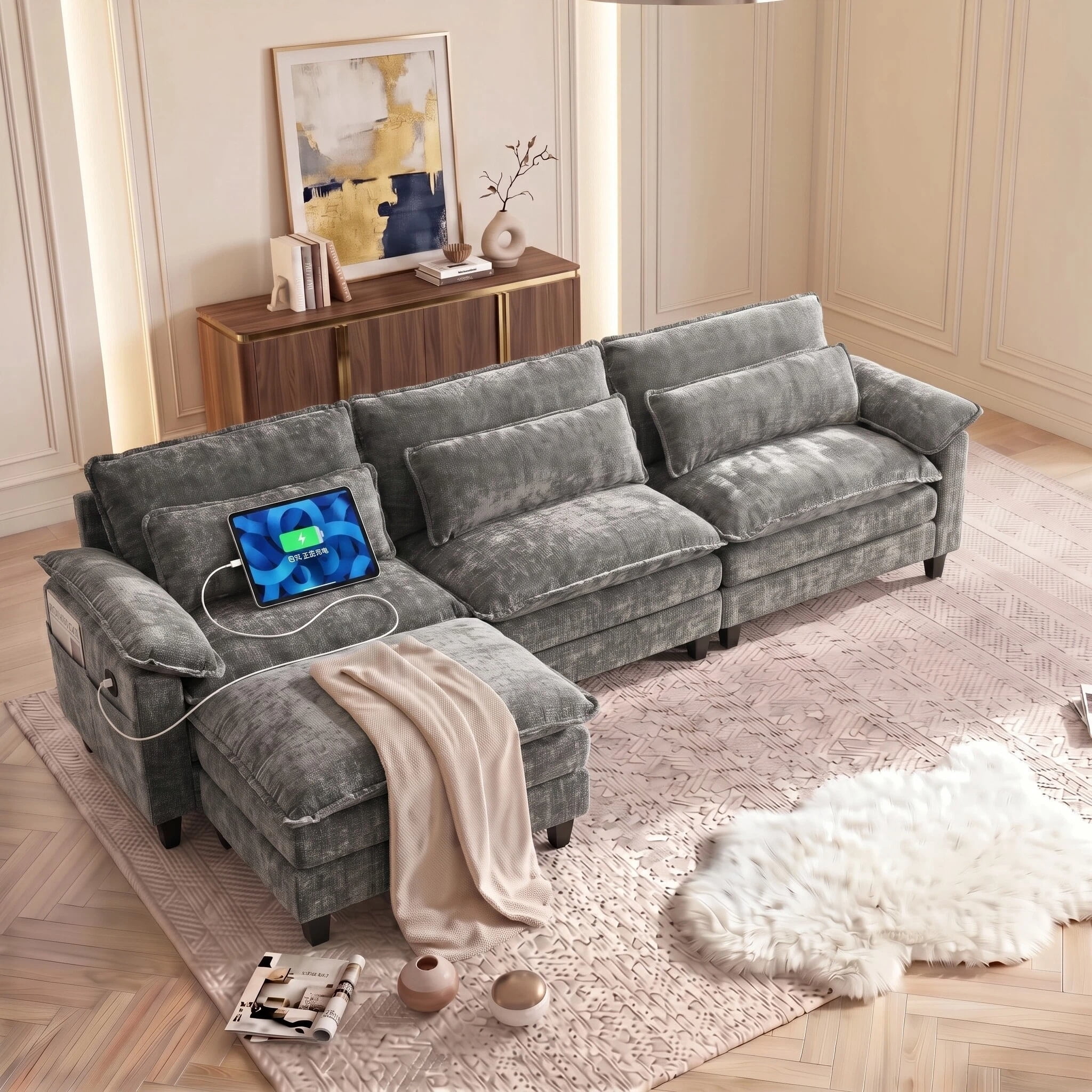 AISWORD 113" Cloud Modular Sectional Sofa, L-Shaped with Ottoman, USB Port, Chenille Deep Seat Living Room Couch, Gray