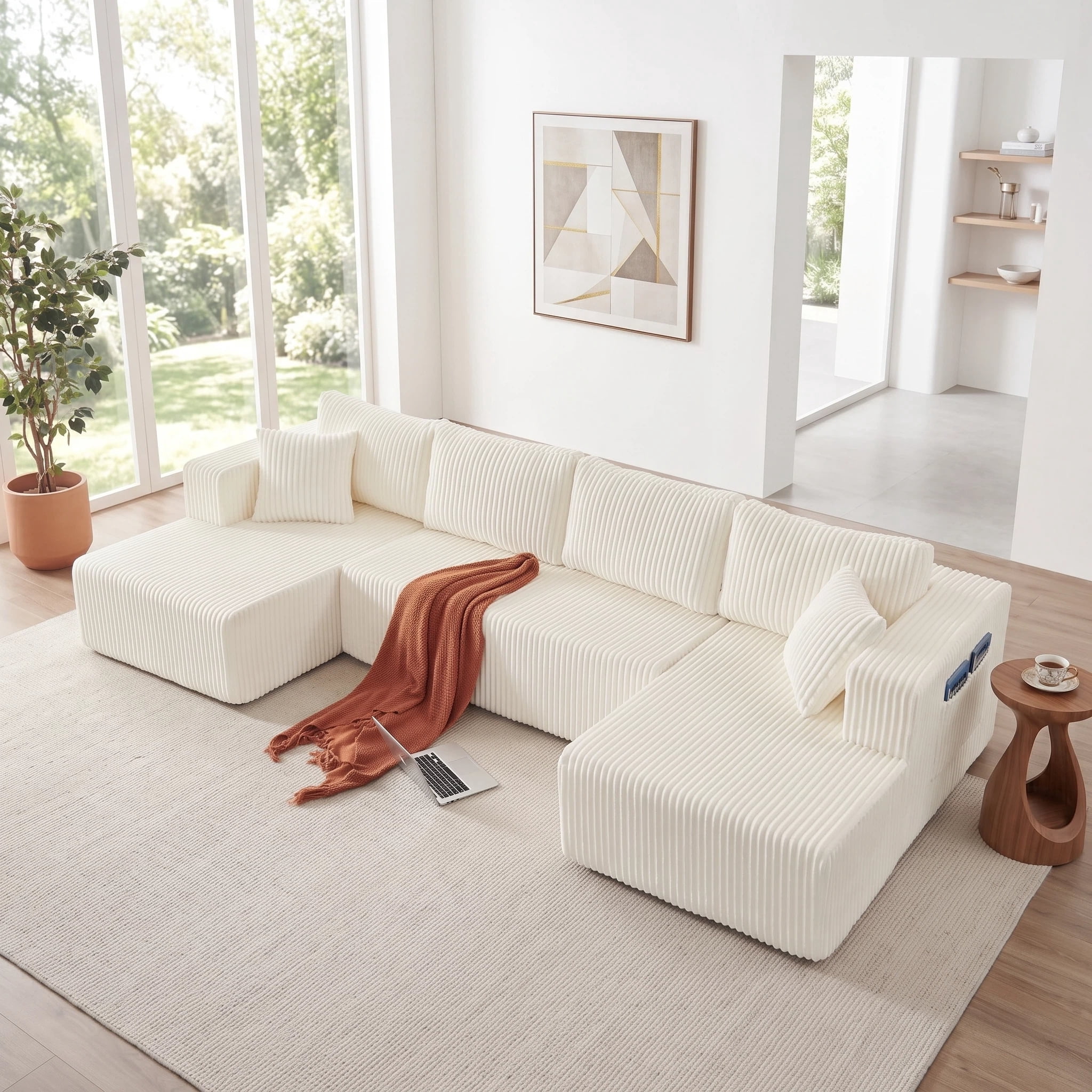 AISWORD 132" U Shaped Modular Sectional Sofa, Comfy Cloud Boneless Sofa with Chaise and Side Pockets, Memory Foam Sleeper Sofa for Living Room, Beige