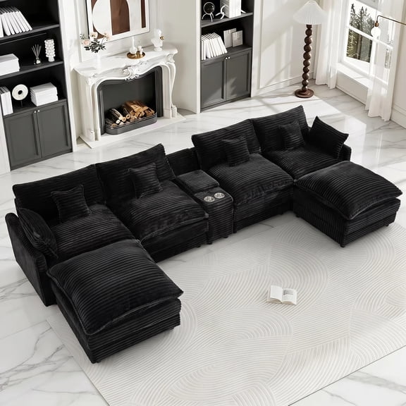 AISWORD 145" Modular U‑Shaped Cloud Couch Sectional, Corduroy 6‑Seat Sofa with Double Chaise, Center Console, USB Charging, Hidden Storage & Cup Holders for Living Room, Black