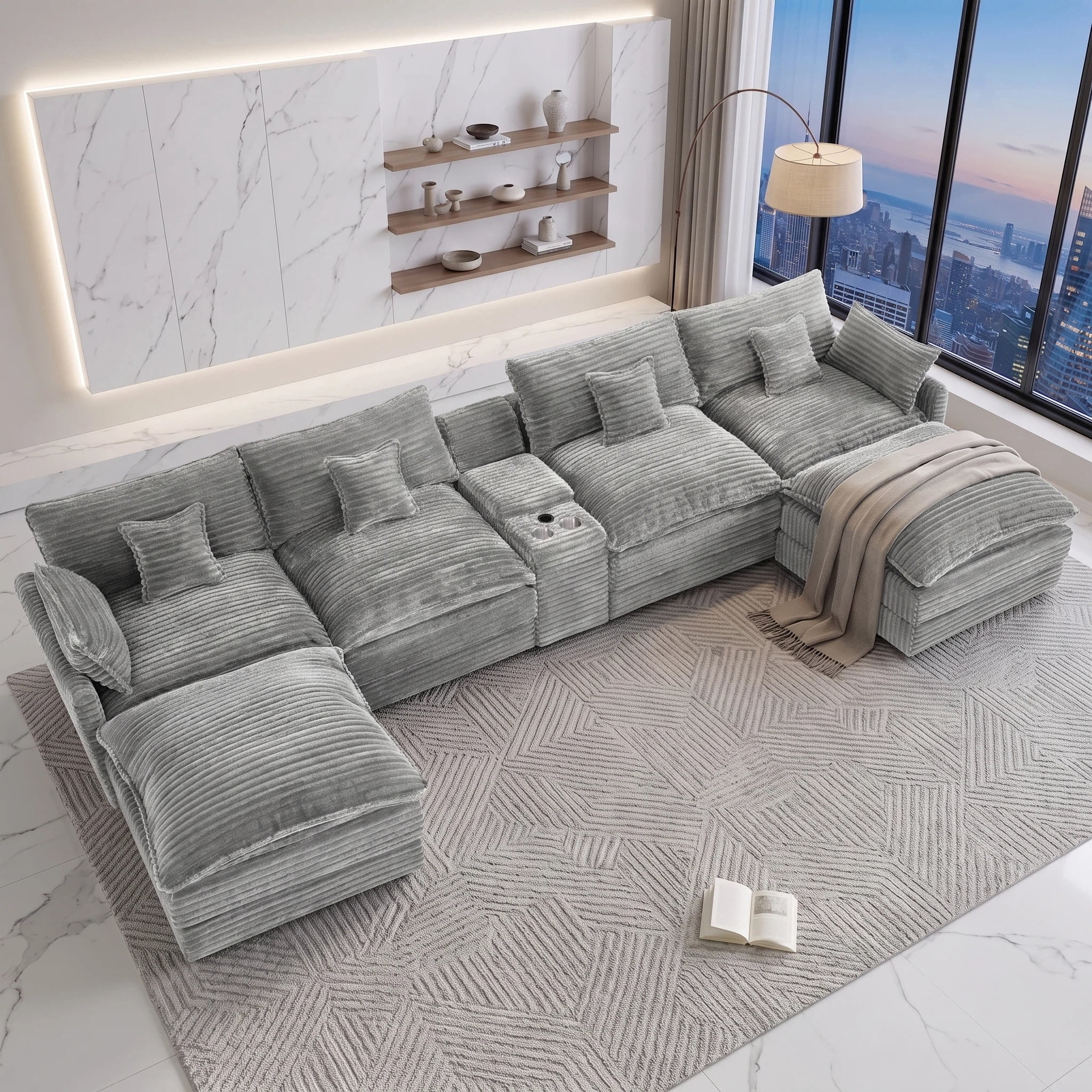 Vinform 145" U Shaped Cloud Couch Sectional with USB Charging, Hidden Storage, Cup Holders & Double Chaise, Light Grey