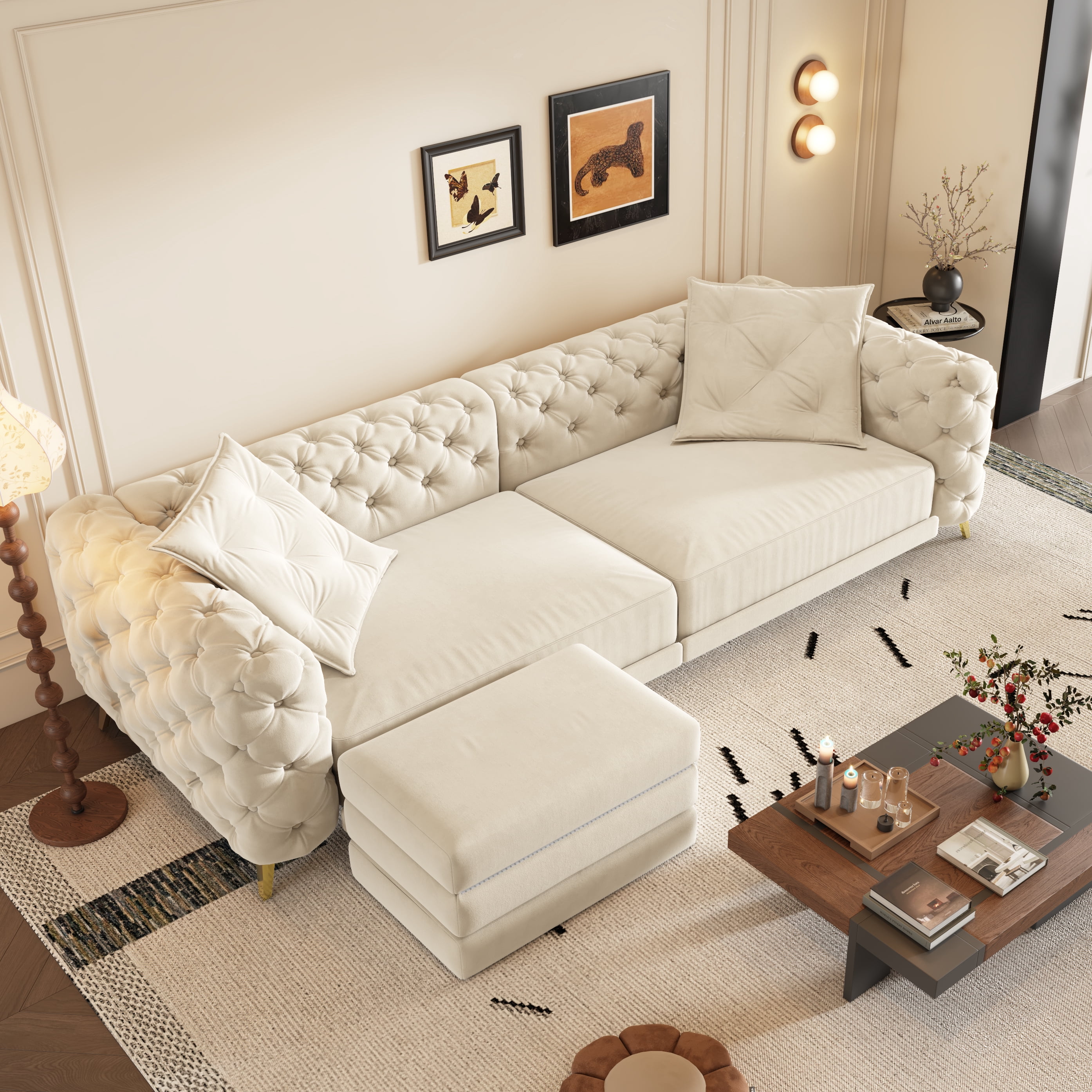 AISWORD 97.7" King Size Pull Out Sofa Bed, Velvet Chesterfield Sleeper Couch, 3-in-1 Convertible Tufted Futon with Ottoman, Beige