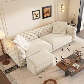 AISWORD 97.7" King Size Pull Out Sofa Bed, Velvet Chesterfield Sleeper Couch, 3-in-1 Convertible Tufted Futon with Ottoman, Beige