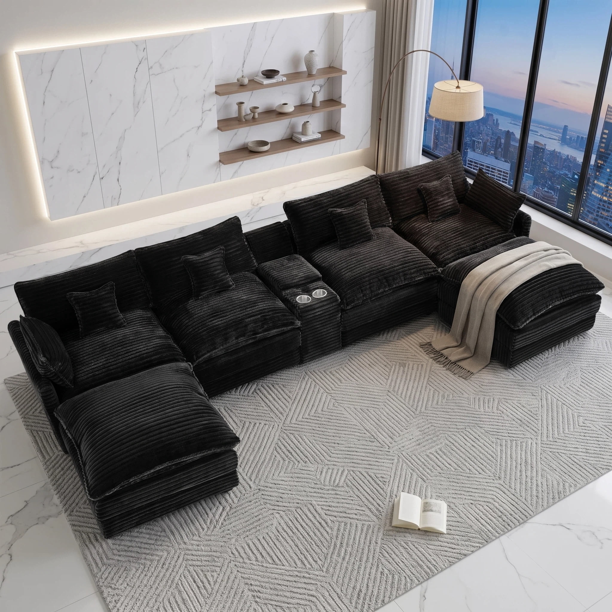 Vinform 145" U Shaped Cloud Couch Sectional with USB Charging, Hidden Storage, Cup Holders & Double Chaise, Black