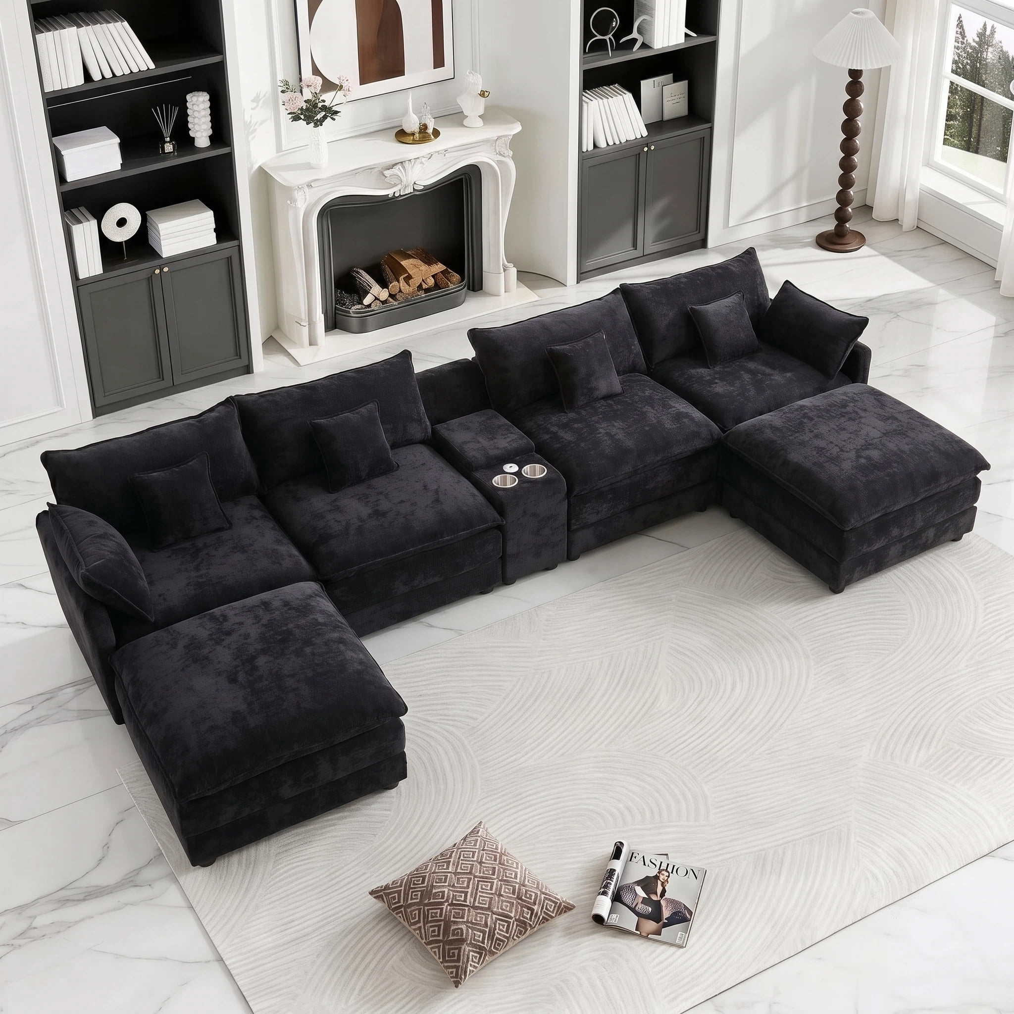 AISWORD 145" Modular U‑Shaped Cloud Couch Sectional, 6‑Seat Sofa with Double Chaise, Center Console, USB Charging, Hidden Storage & Cup Holders for Living Room, Black