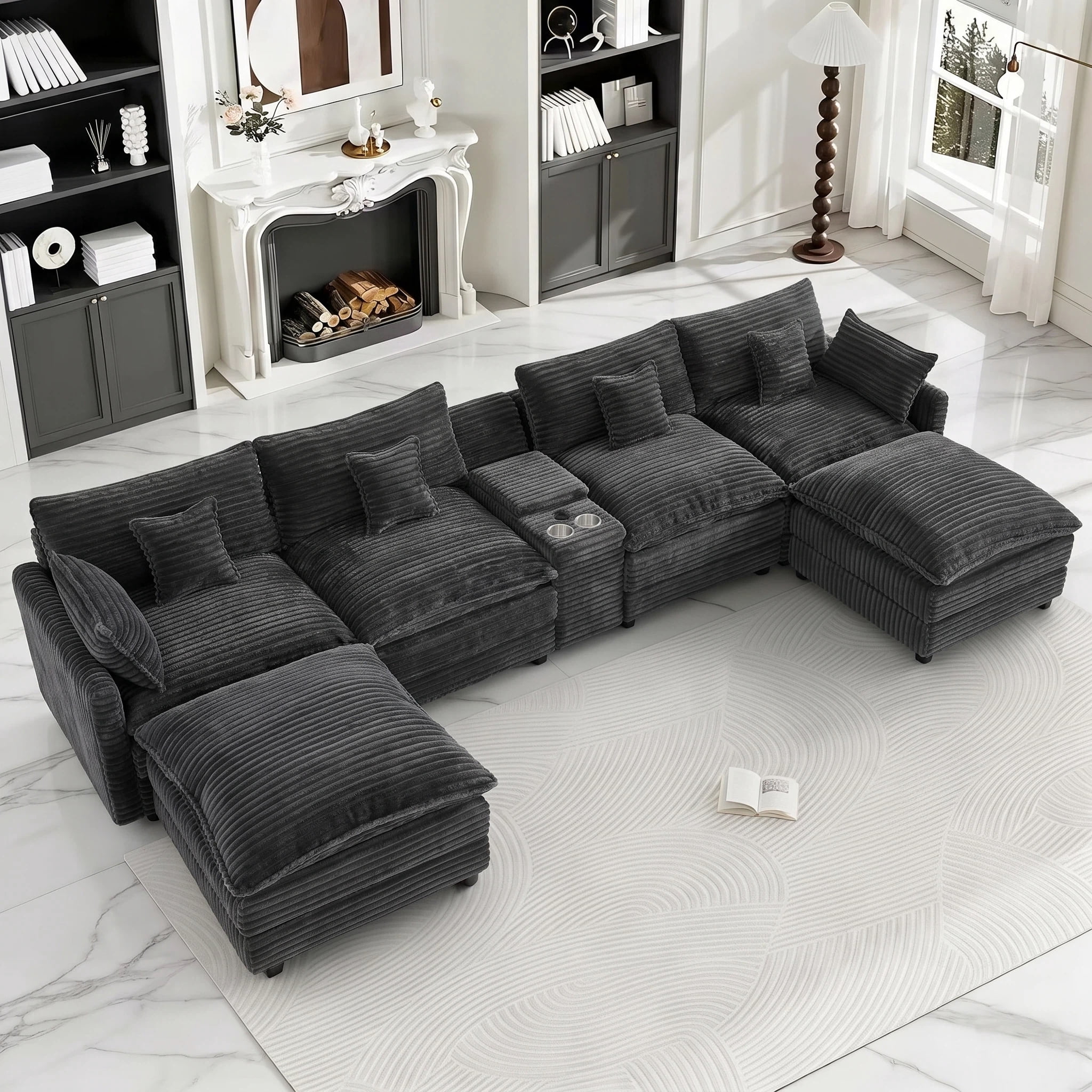 AISWORD 145" Modular U‑Shaped Cloud Couch Sectional, Corduroy 6‑Seat Sofa with Double Chaise, Center Console, USB Charging, Hidden Storage & Cup Holders for Living Room, Gray