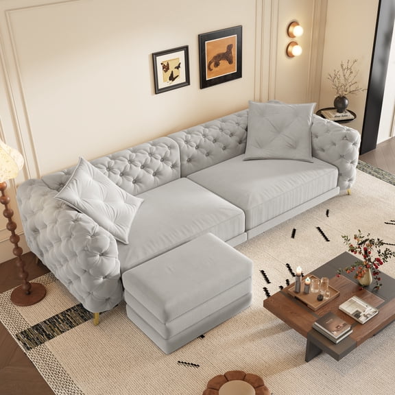 AISWORD 97.7" King Size Pull Out Sofa Bed, Velvet Chesterfield Sleeper Couch, 3-in-1 Convertible Tufted Futon with Ottoman, Light Grey