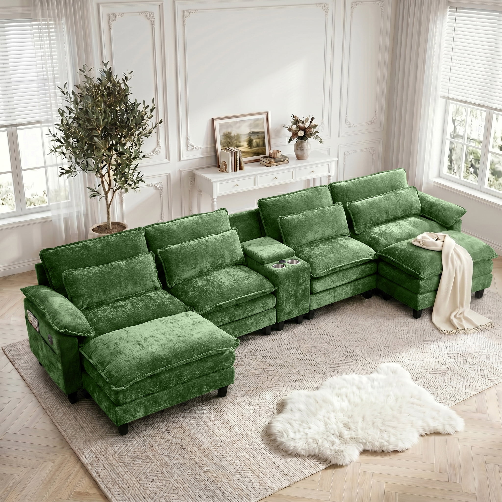AISWORD 157" U Shaped Cloud Couch Sectional, Oversized Modular Sofa with USB Charging, Hidden Storage, Cup Holders & Double Chaise for Living Room, Green